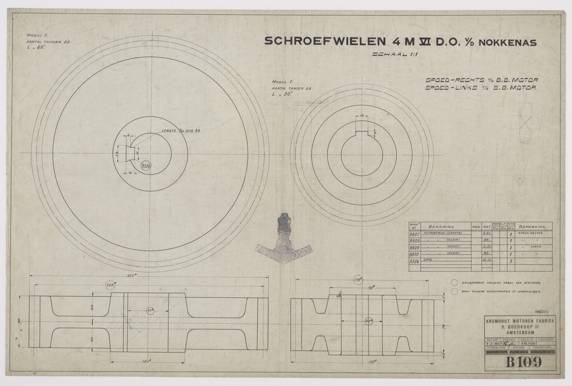 1995.2374; Schroefwielen van de nokkenas van Kromhoutmotor 4M6DO; technische tekening