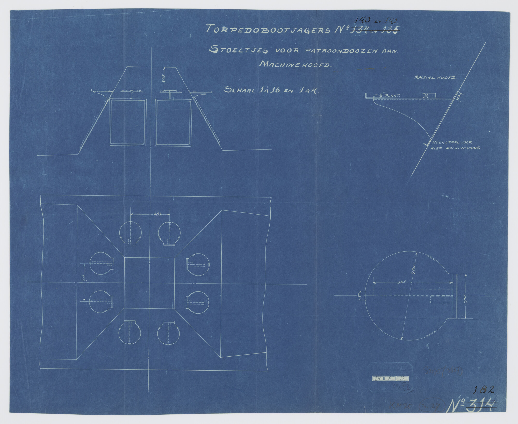 S.2175(3657); Diverse doorsneden van een tweetal stoeltjes voor patroondozen aan het machinekamerhoofd aan boord van de torpedobootjagers Hr.Ms. 'Wolf'; Hr.Ms. 'Fret'; Hr.Ms. 'Lynx' en Hr.Ms. 'Hermelijn'; technische tekening