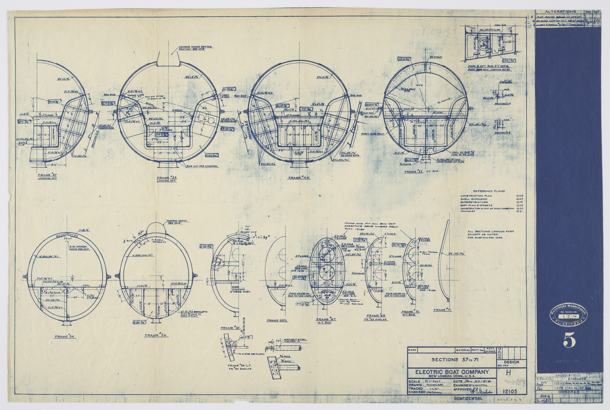 S.2175(3769); Constructietekening over de secties 37 - 71 aan boord van de onderzeeboot Hr.Ms. 'O 6'; technische tekening