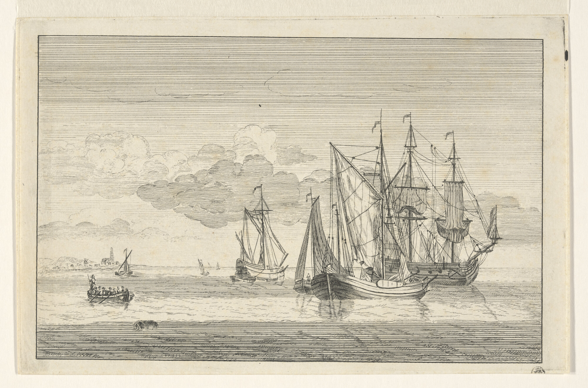 A.1300(02)2; Een driemaster of oorlogsschip met enkele andere schepen op een rede; prent