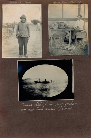 2001.1120; Blad uit een fotoalbum, met 4 fotos uit Nederlands Indië en 1 foto van een [...]; fotoalbum