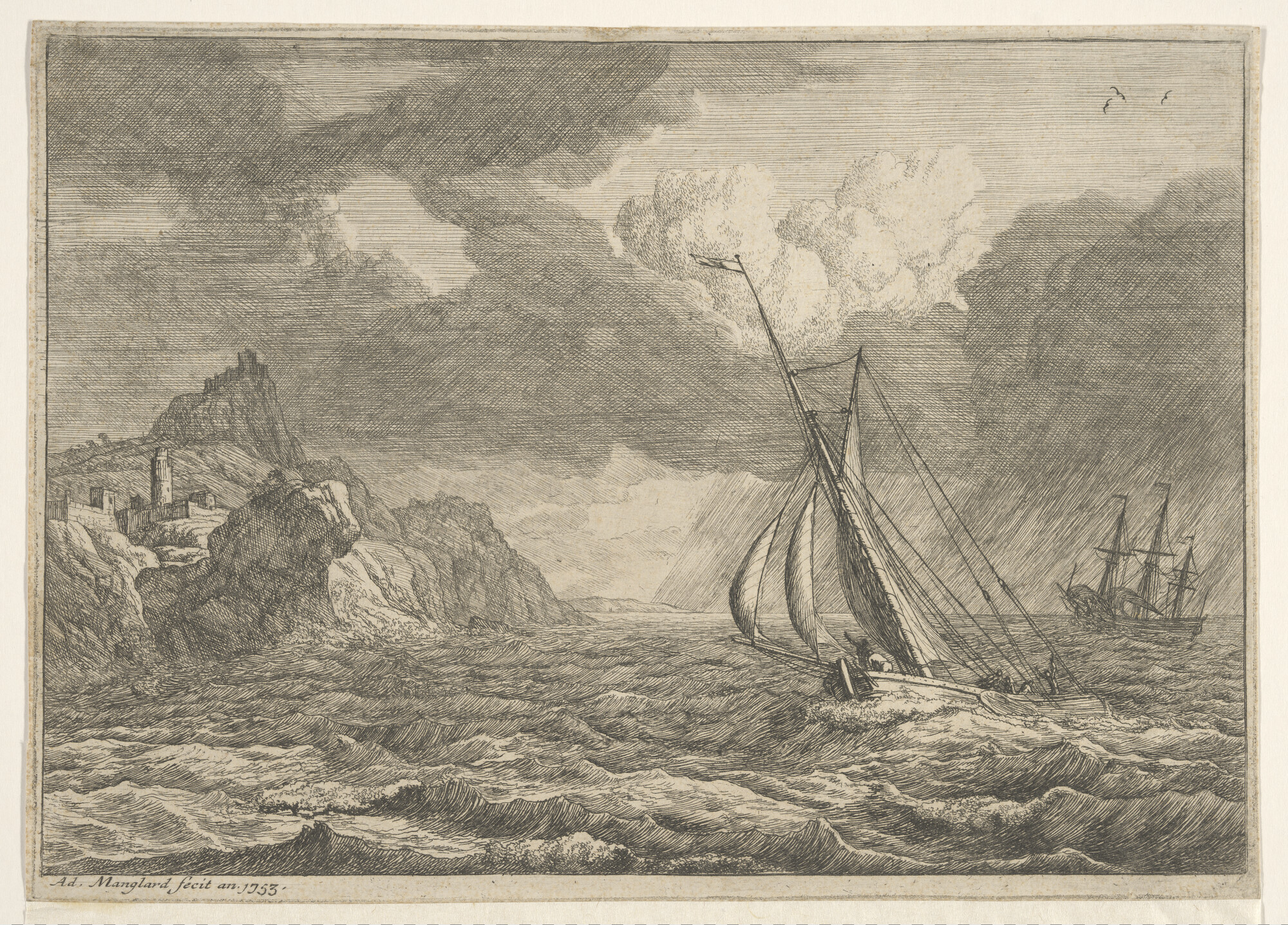 A.2276(01)2; Een rotsachtig kustgezicht met een gaffelschip; prent
