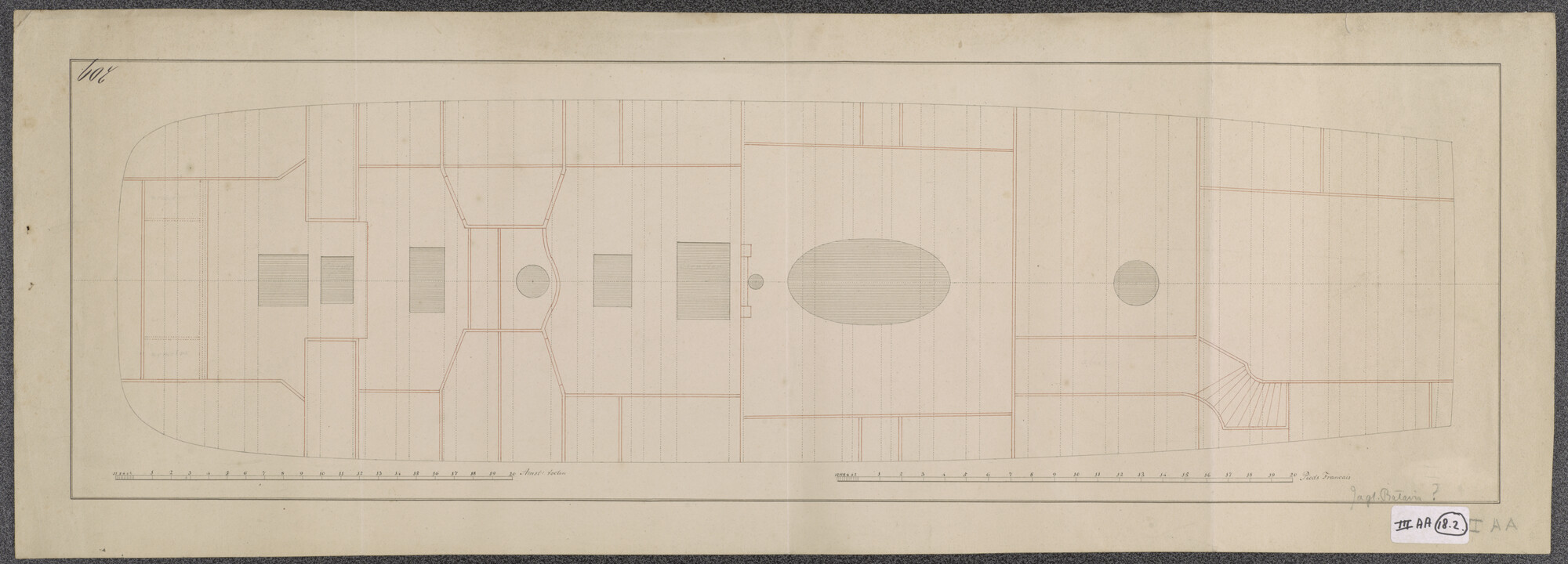 S.1214(0113); Indelingsplan van het jacht 'Batavia'; technische tekening