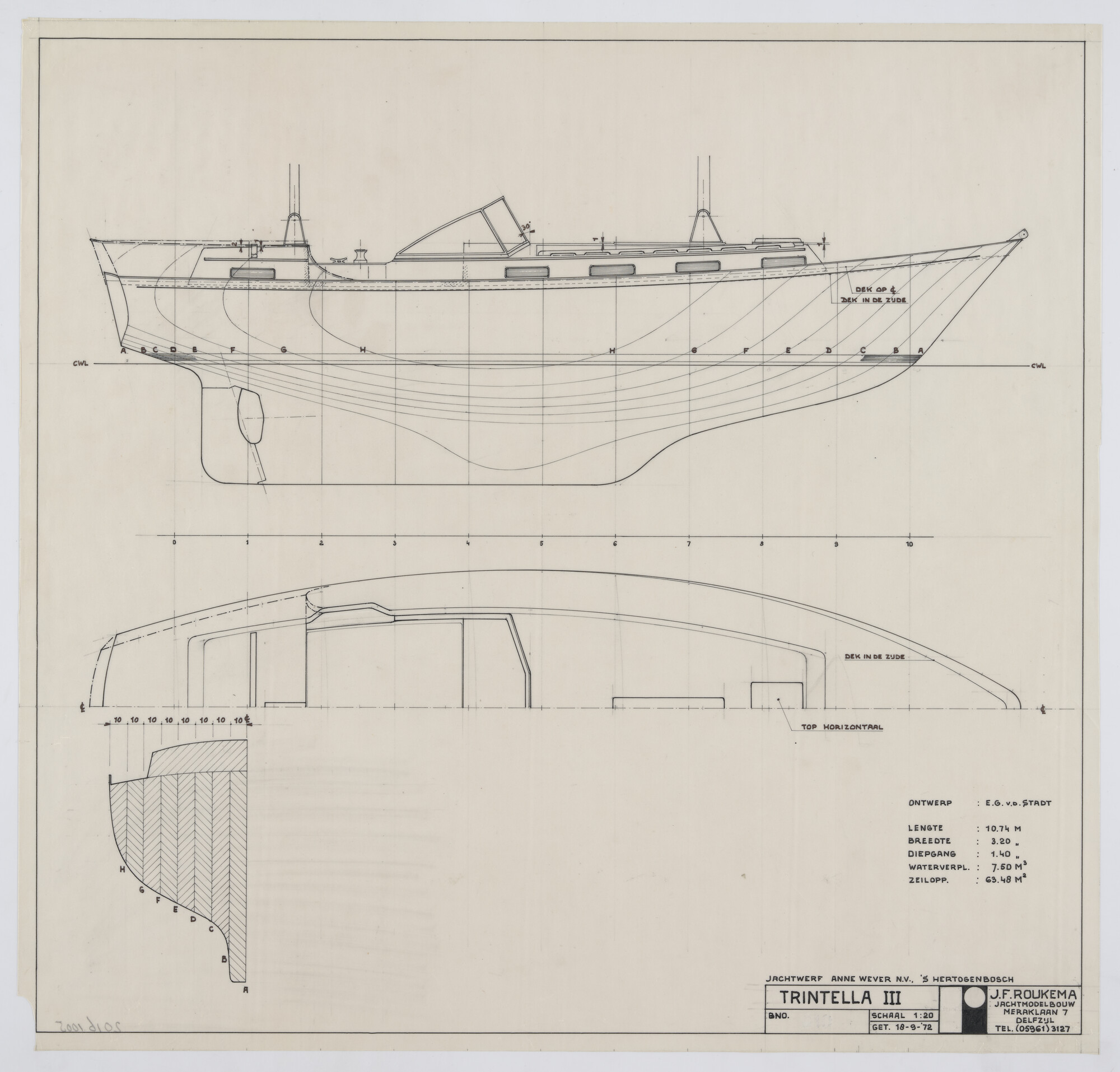 2016.1005; Werktekening scheepsmodel van het zeewaardige polyester tweemast kajuitzeiljacht type Trintella III; technische tekening