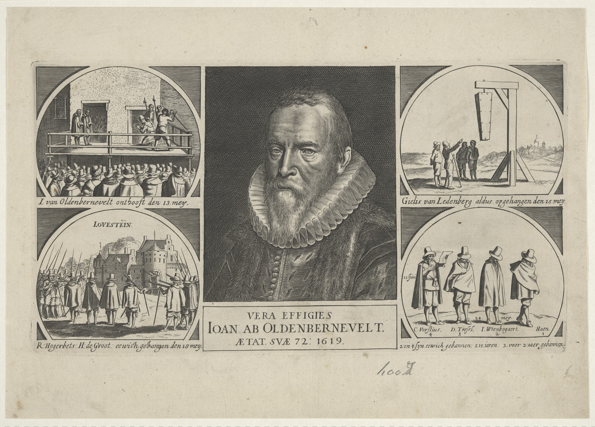 A.0145(027)384; Portret van Johan van Oldenbarnevelt met links en rechts twee afbeeldingen van het lot van de voormannen van de Remonstranten; prent