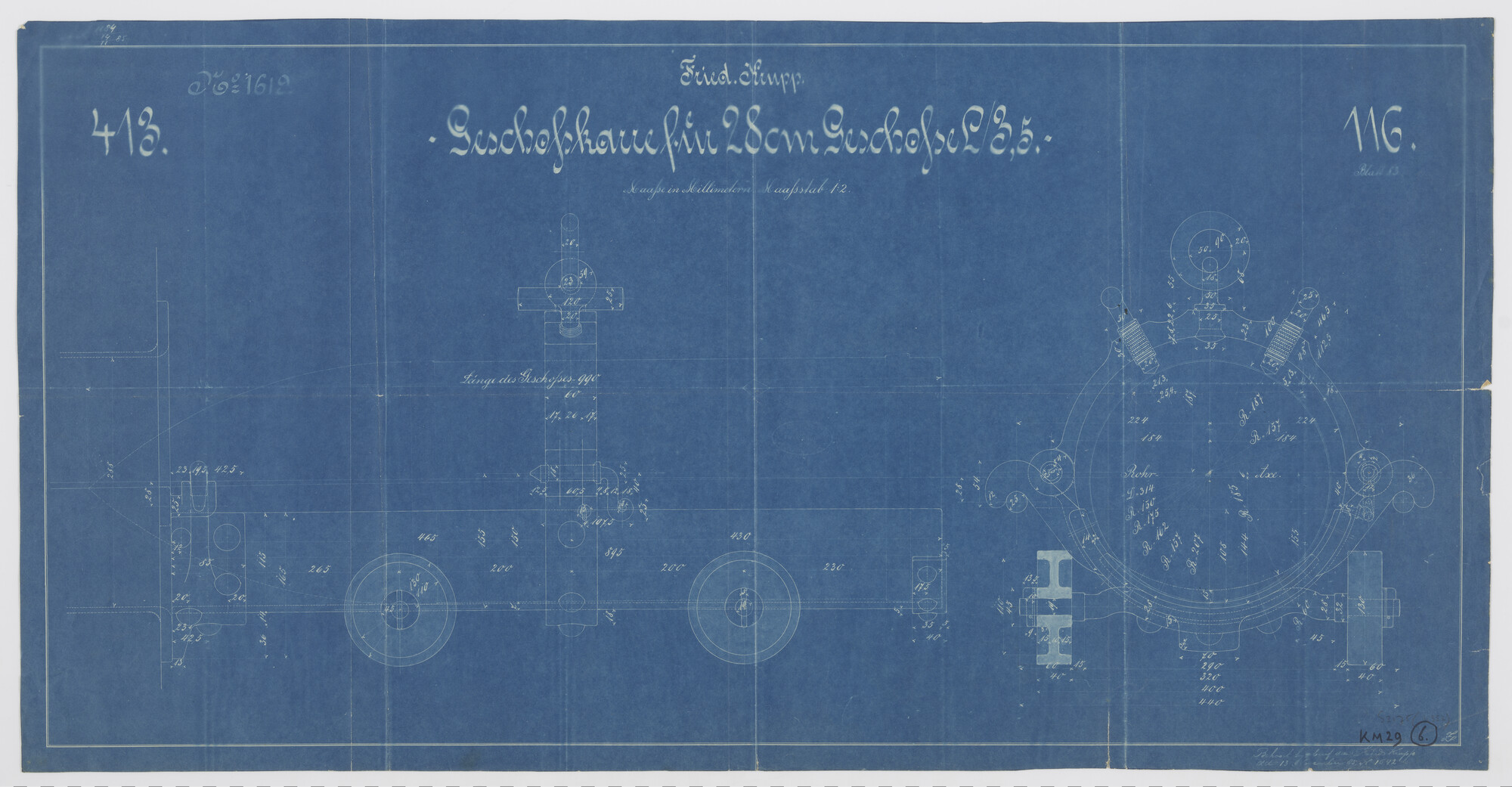 S.2175(4352); Doorsneden van een transportwagen voor 28 cm granaten; technische tekening
