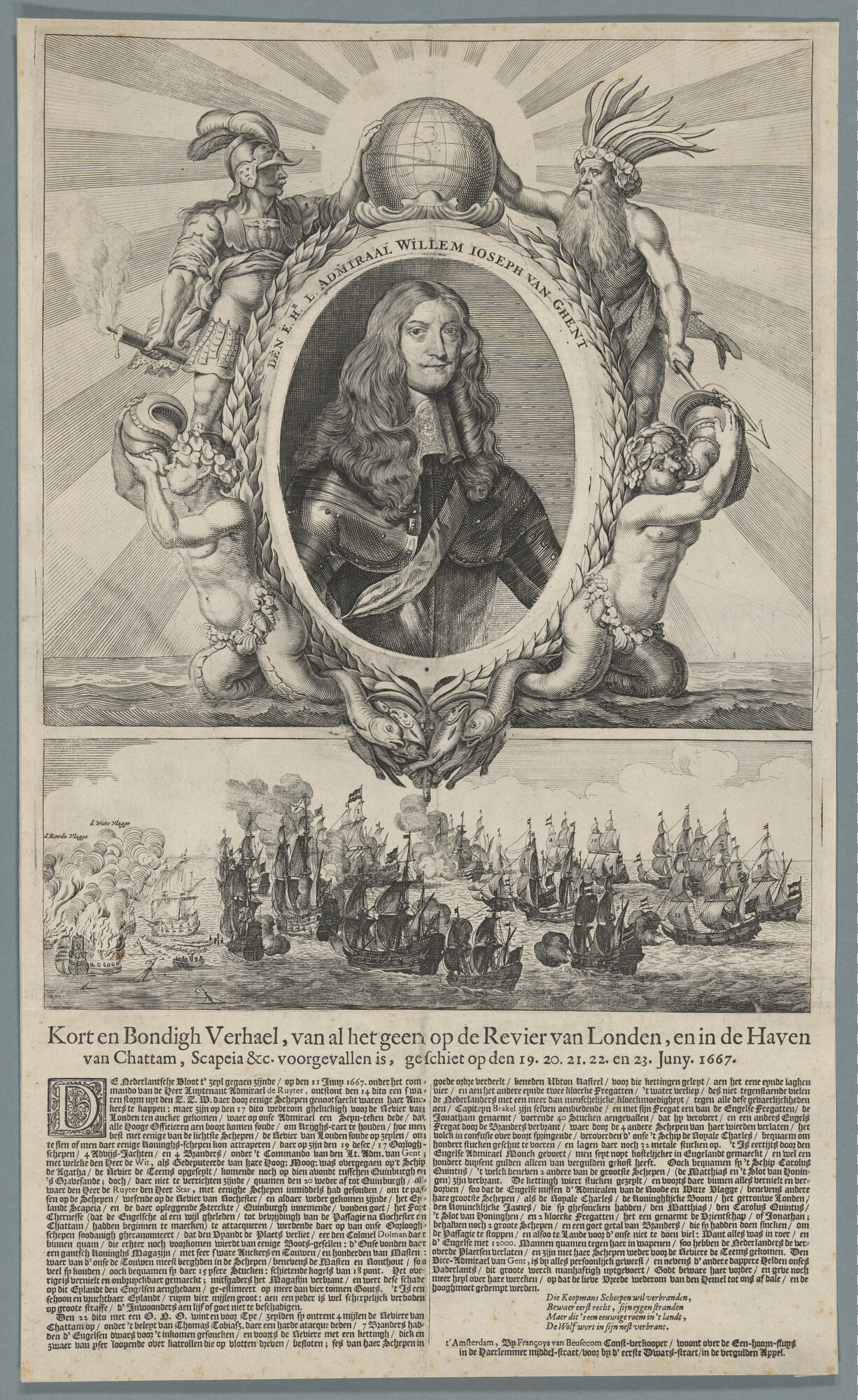 A.2203(04); Portret van Luitenant-Admiraal Willem Joseph van Ghent in cartouche met allegorische figuren; prent