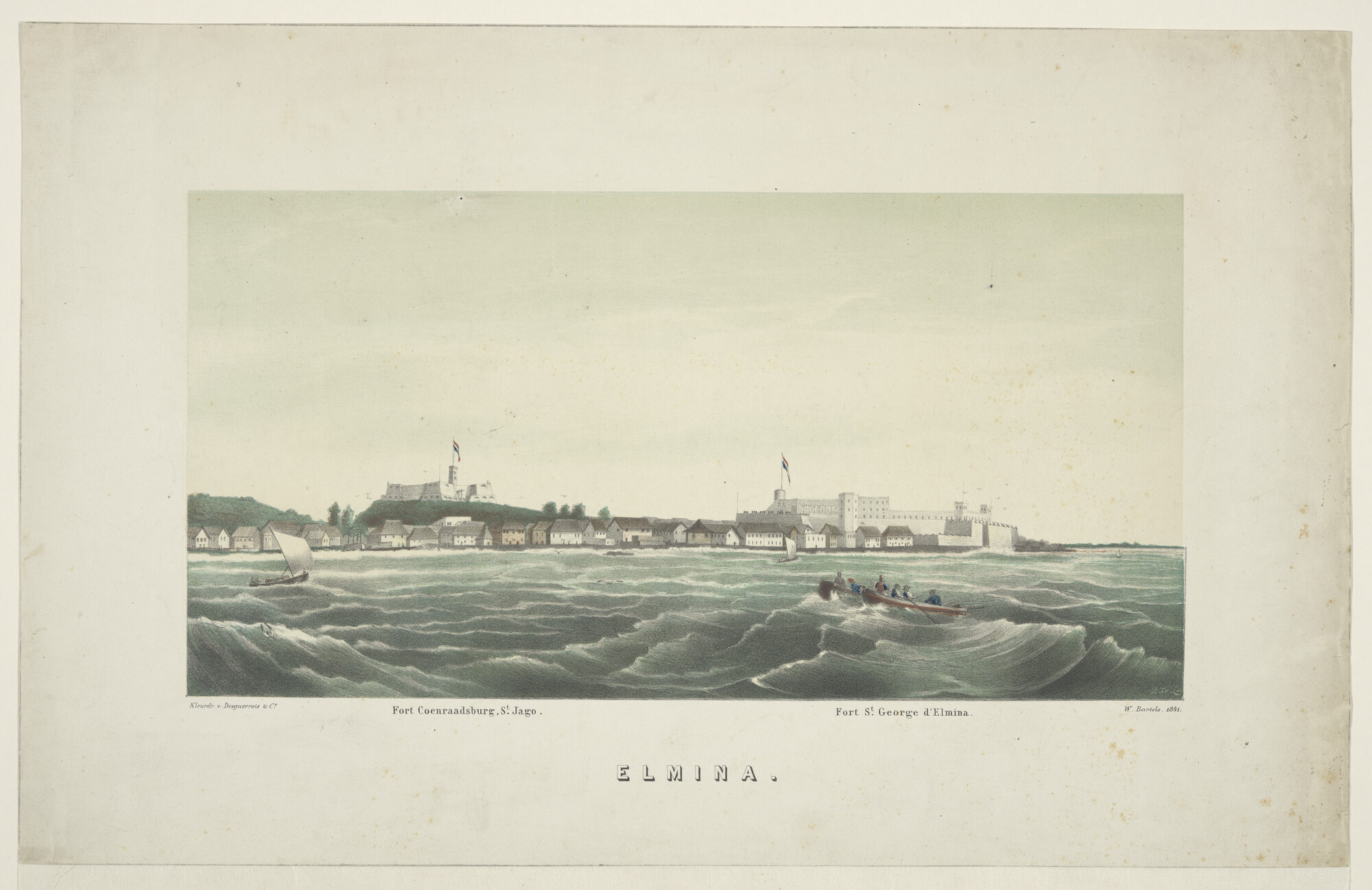 A.0503(04)2; Gezicht op Elmina, met de forten; prent