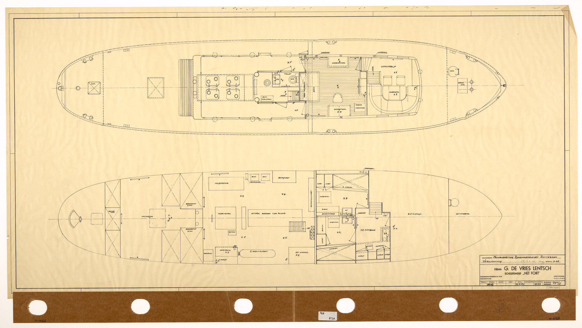 S.5180(0201); Indelingsplan van een motorvaartuig voor de Rijkshavendienst van Rotterdam; technische tekening