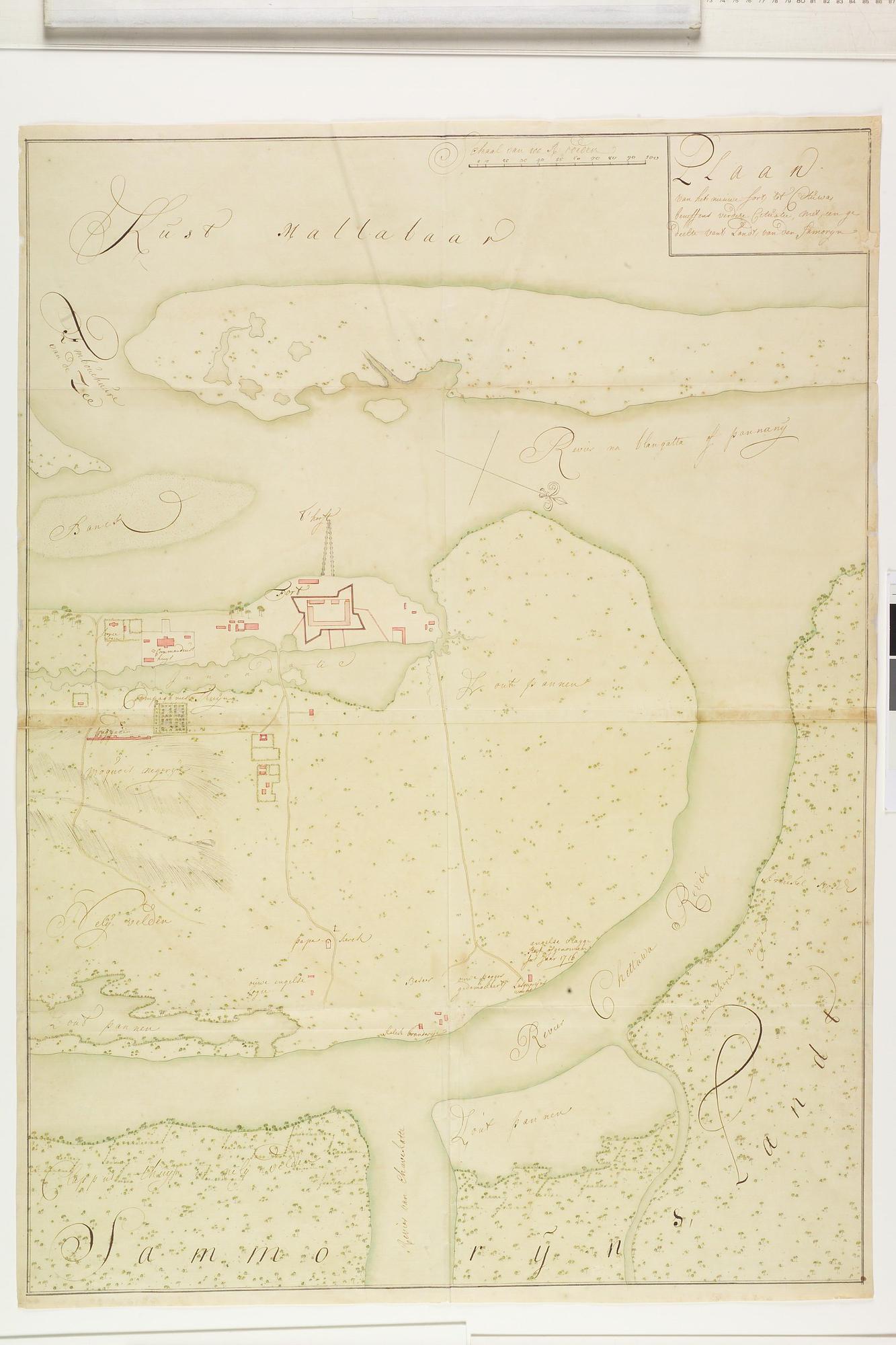 A.2444(03); Gekleurde handschriftkaart van een fort bij Cituwa in Malabar; landkaart