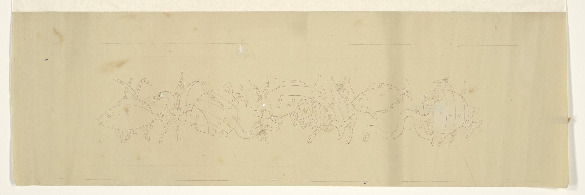 S.7308(03); Ontwerp voor een intarsia-paneel met een afbeelding van vissen ; tekening