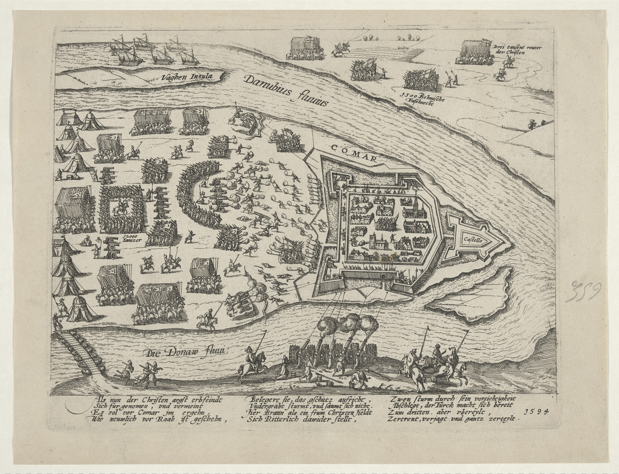 A.0145(027)311; Comar aan de Donau door de Turken belegerd, 1594; prent