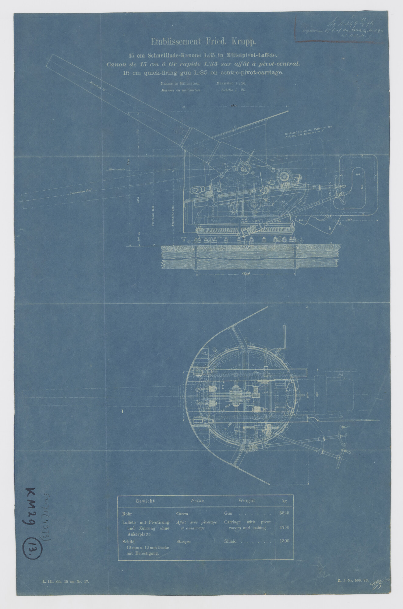 S.2175(4373); Snelvuurkanon 15cm L/35 op middenpivot affuit; technische tekening