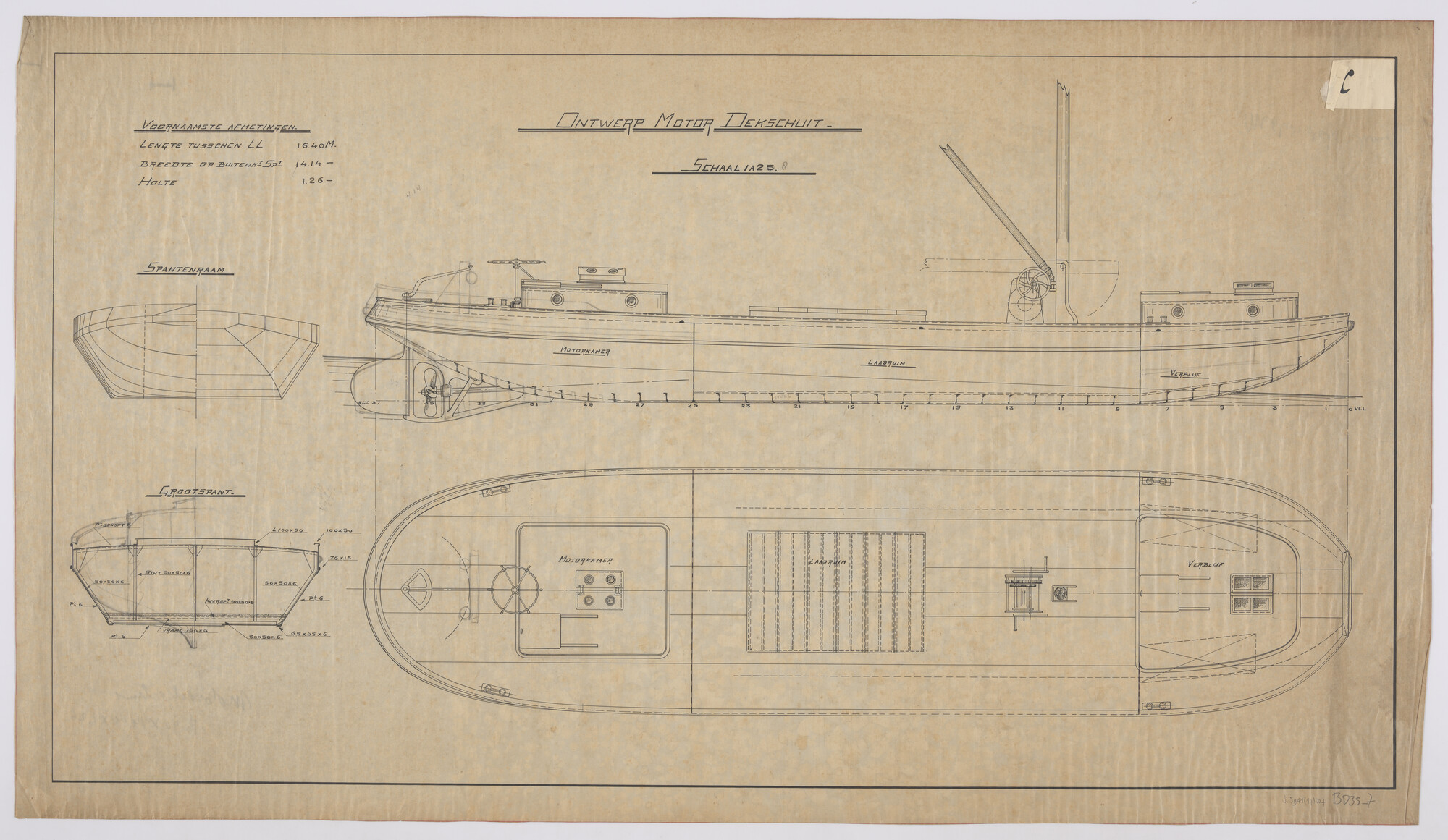 S.5941(17)007; Algemeen plan voor een motordekschuit; technische tekening