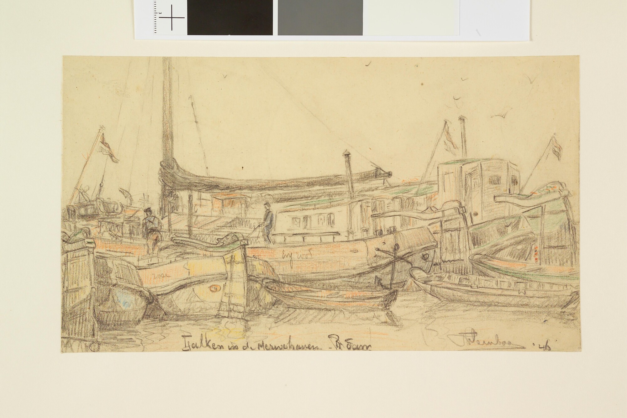 S.4824(02); Tjalken in de Merwehaven te Rotterdam, 1946; tekening