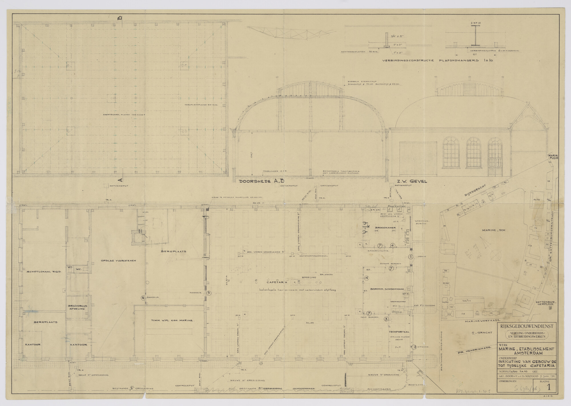 S.6789(06); Plattegrond, doorsneden en aanzichten van gebouw 26
van het Marine Etablissement Amsterdam; technische tekening