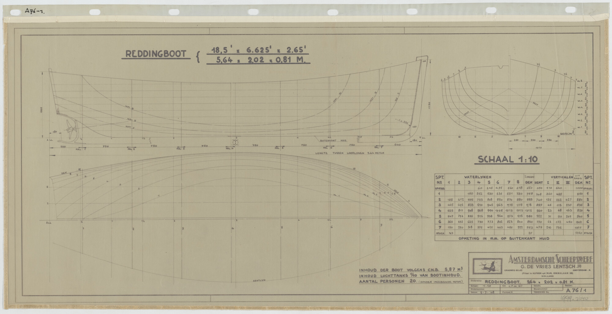 1999.2640; Lijnenplan van een reddingboot voor 20 personen; technische tekening