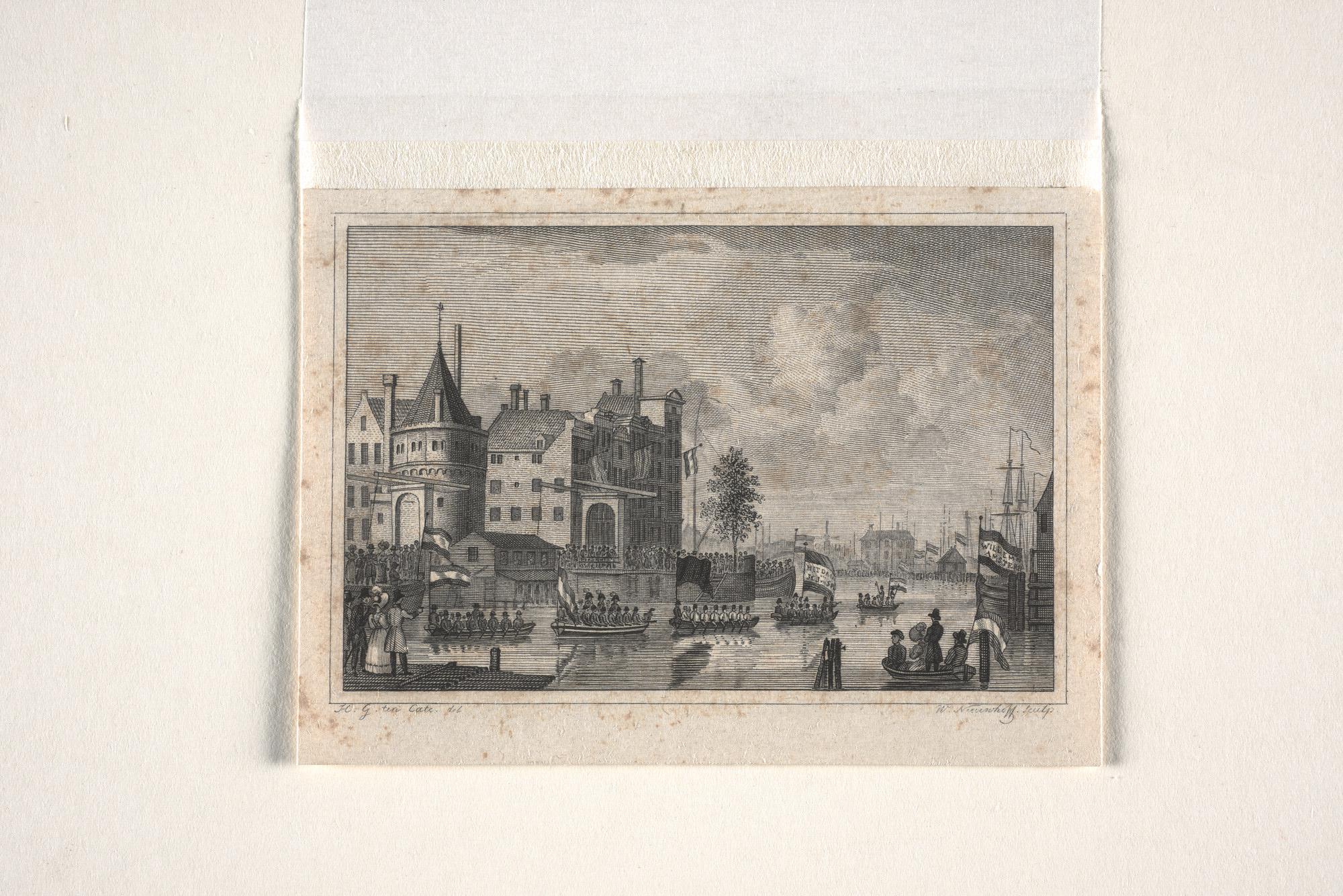 A.0482(03)31; Plechtige lijkvaart van Van Speyk met links gezicht op de Schreierstoren; prent