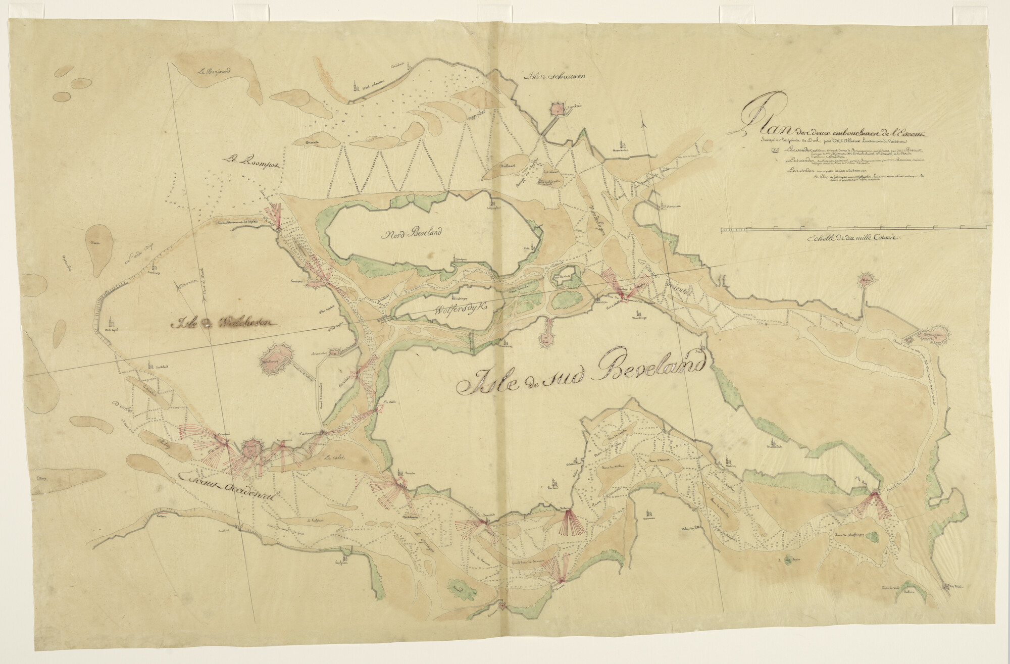 2023.0001; Kaart in handschrift van de Westerschelde en Oosterschelde, met een overzicht van de forten en versterkingen langs de kust; kaart