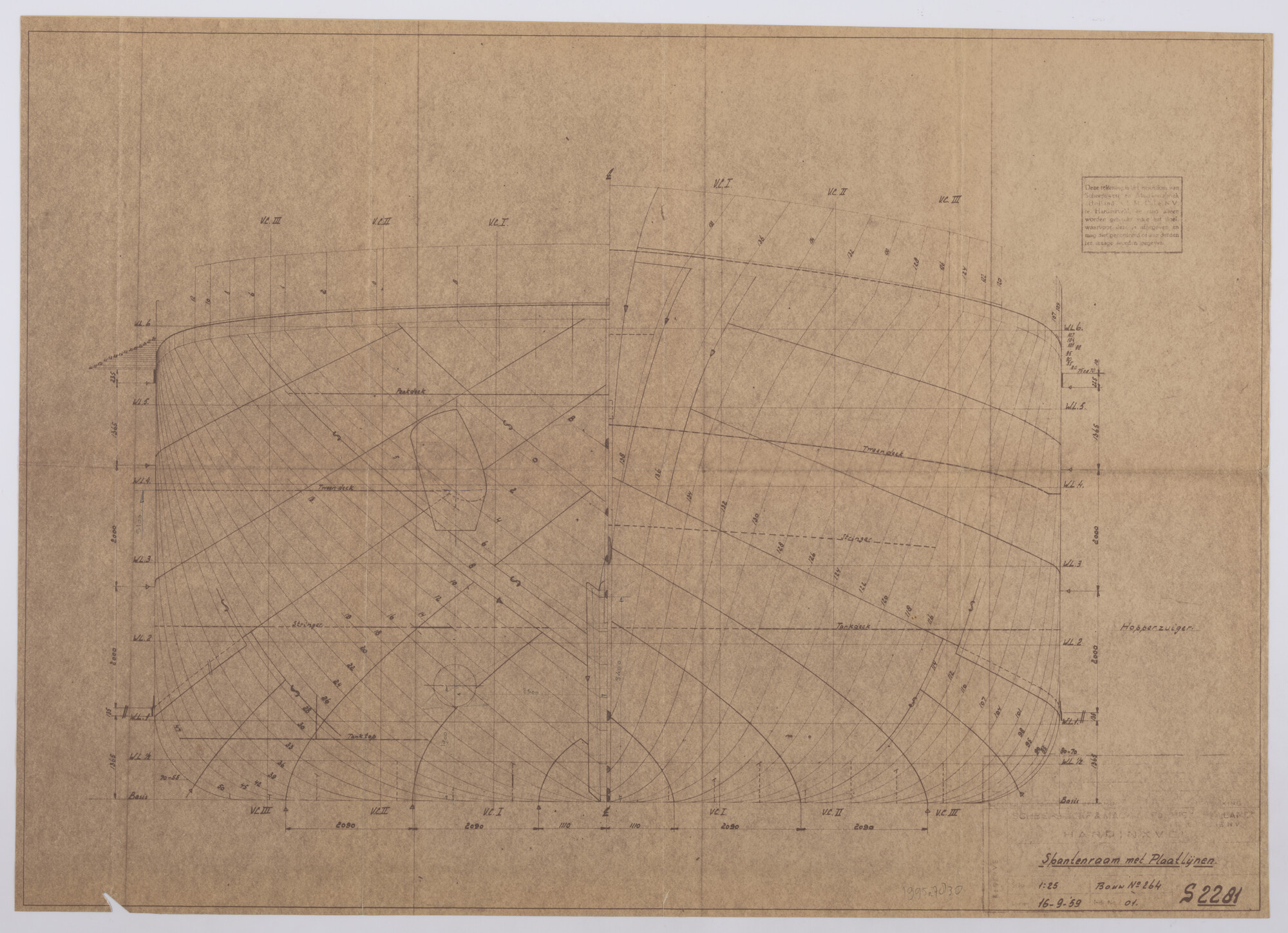 1995.7830; Spantenraam (1:25) van de sleephopperzuiger Sandon 6 voor Port Authority of Thailand [...]; technische tekening