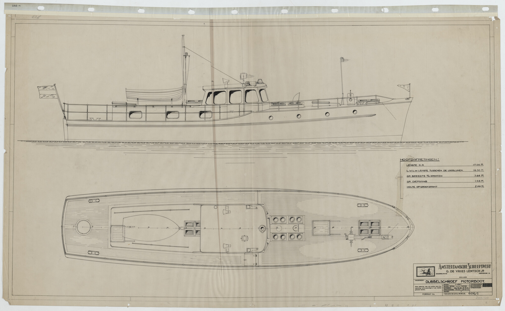 2000.5211; Algemeen plan van een dubbelschroefs motorjacht; technische tekening