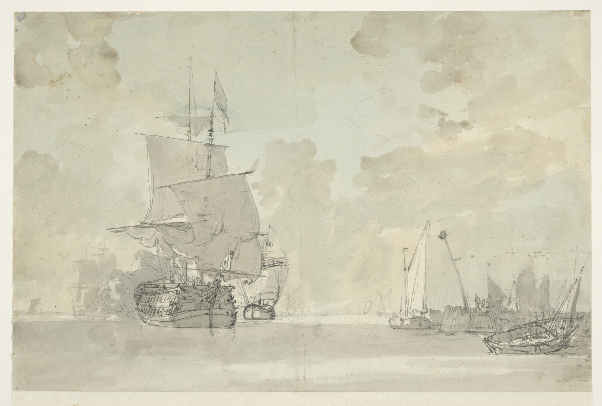 A.0149(0751); Gezicht op een rede met schepen, op de voorgrond een linieschip met gedeeltelijk gegeide zeilen; tekening