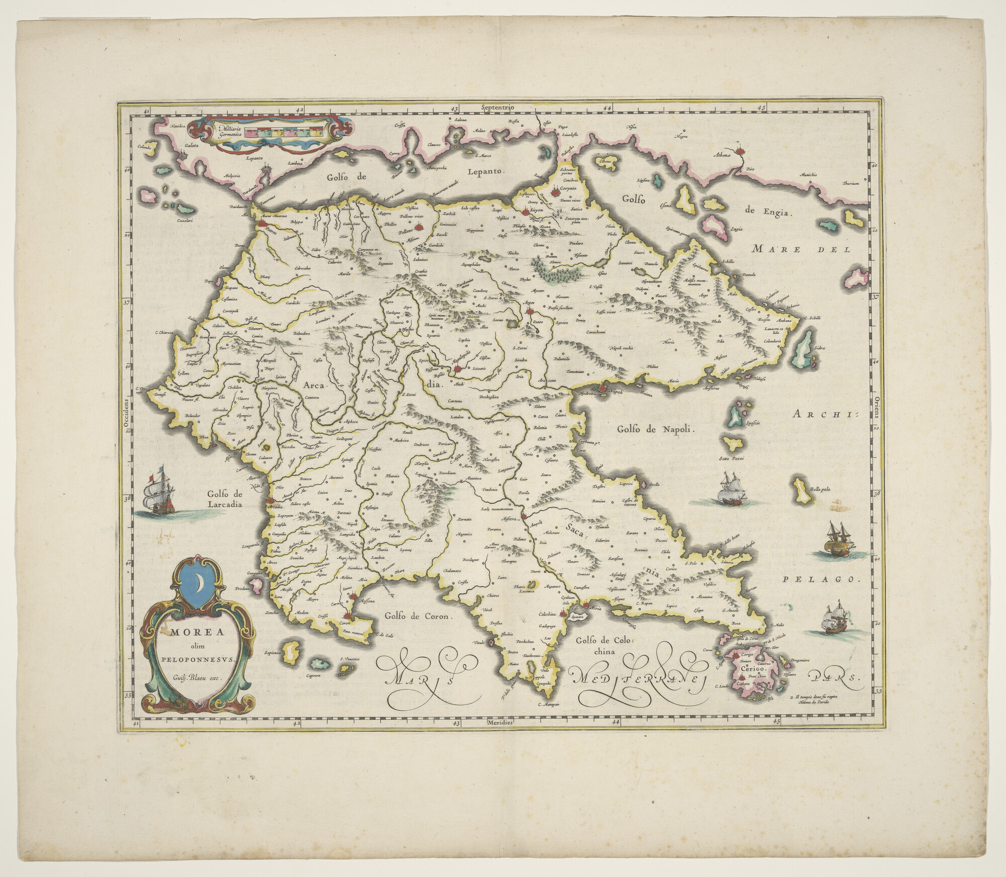 A.3845(01)040; Met de hand gekleurde kaart van het schiereiland Morea in Griekenland; landkaart