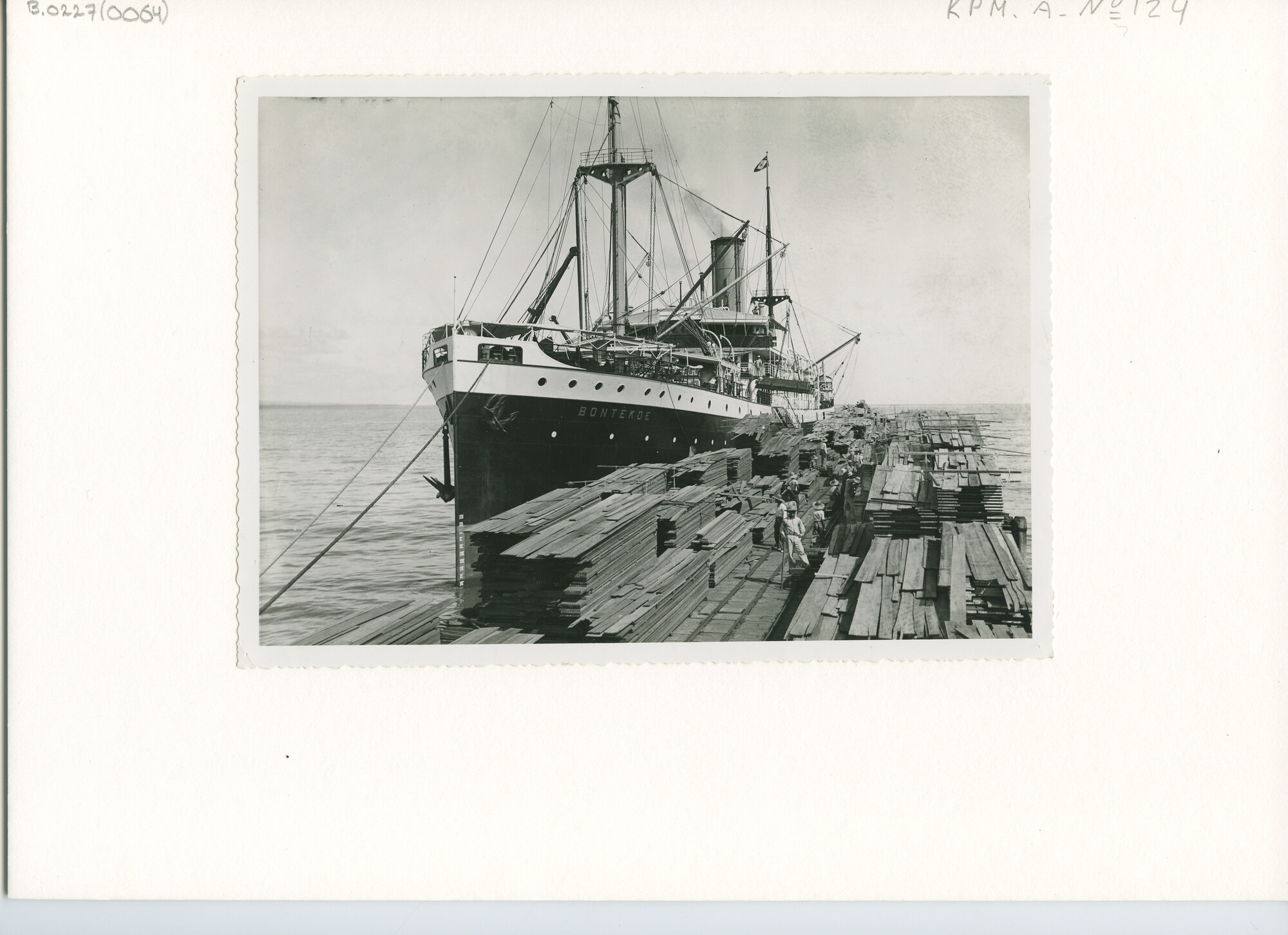 B.0227(0064); Het ss. Bontekoe aan de houtsteiger van de Findley Villar Timber Cay te [...]; foto