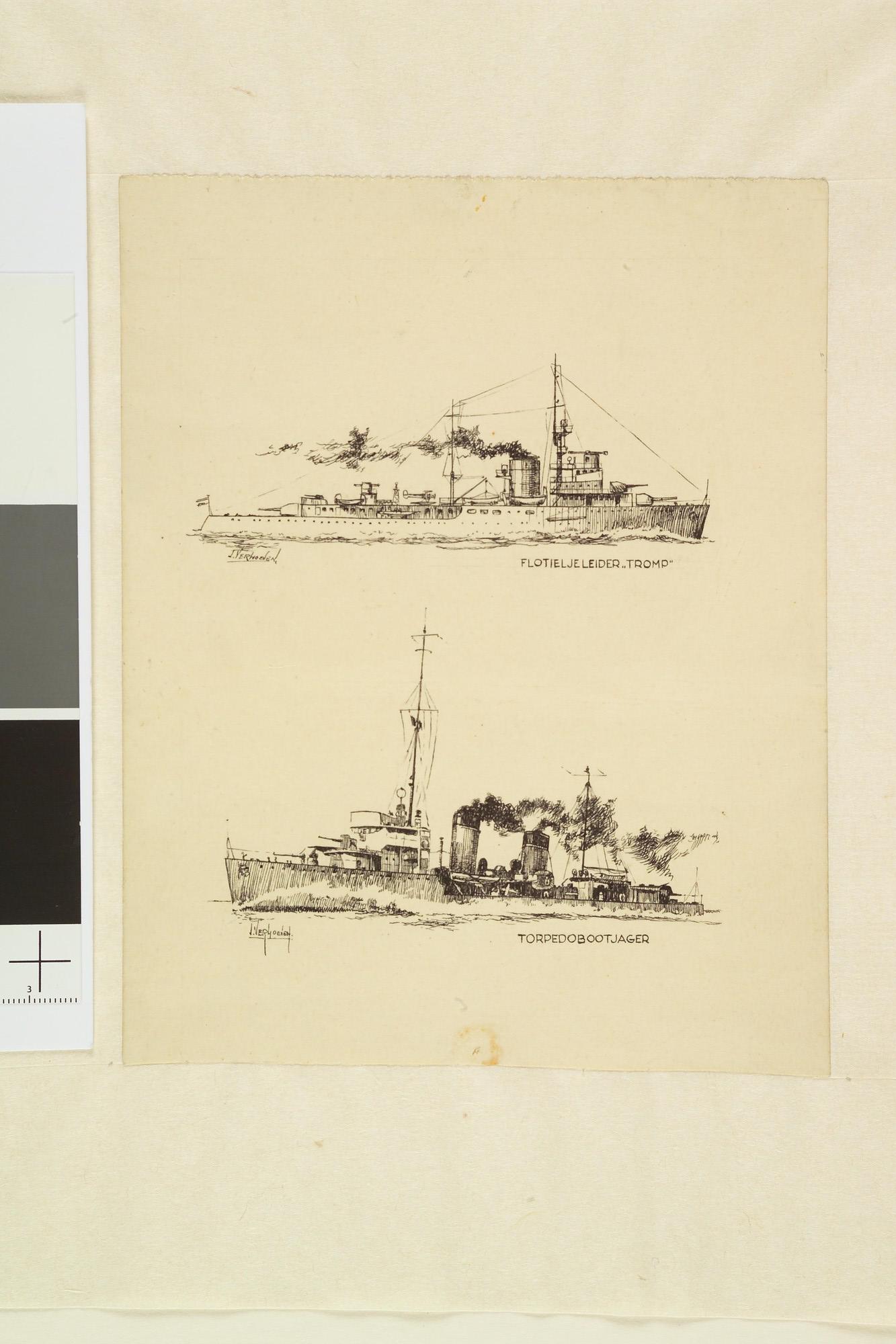 S.7217(02); De flottieljeleider Hr.Ms. 'Tromp' en een torpedobootjager; tekening