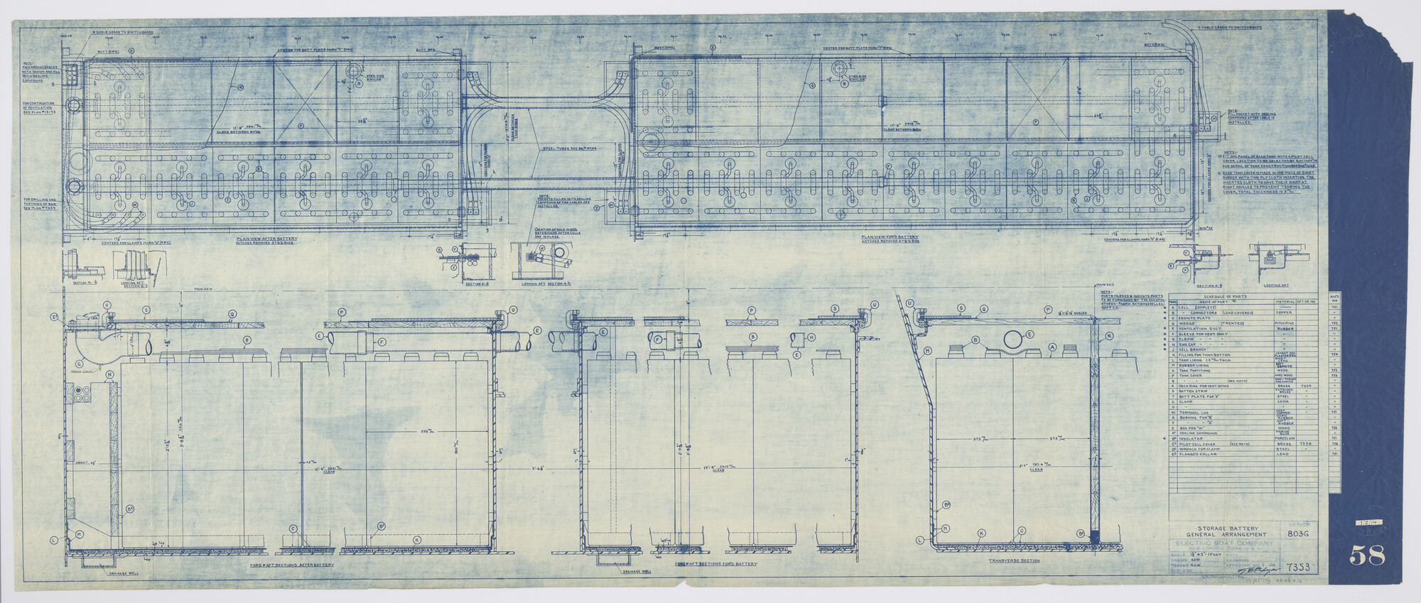 S.2175(3776); Elektrische batterijen aan boord van de onderzeeboot Hr.Ms. 'O 6'; technische tekening