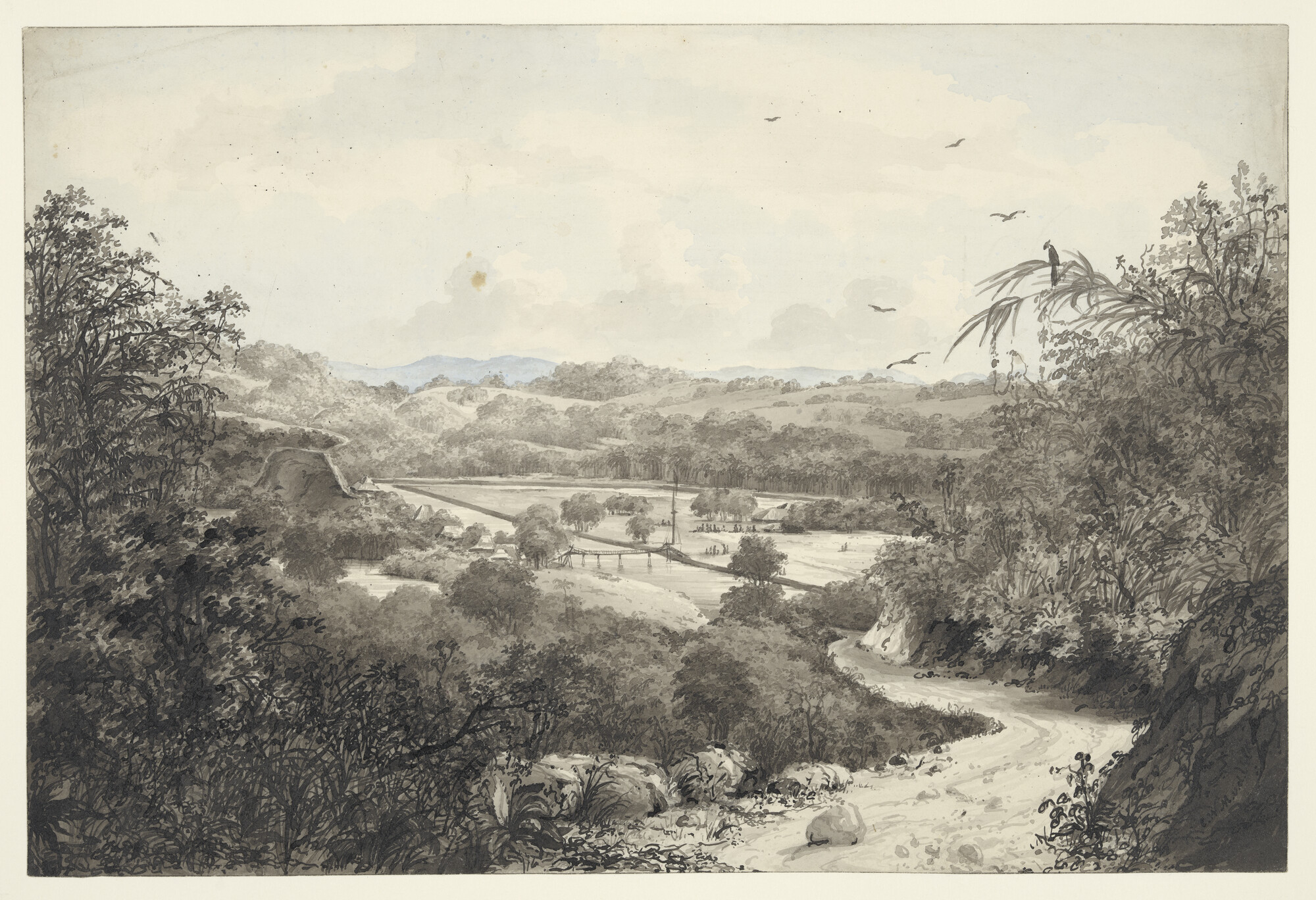 S.2931(03)07; Gezicht op Lebak, residentie Bantam op Java; tekening