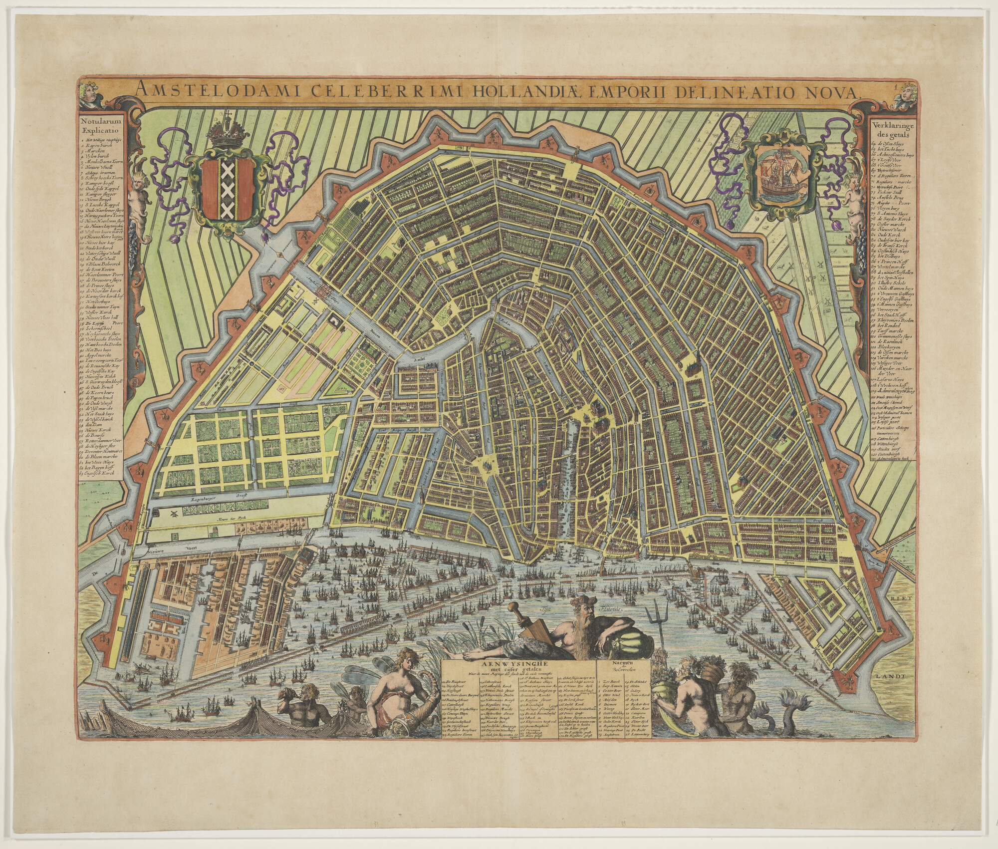 S.4639; Met de hand gekleurde plattegrond van Amsterdam uit 1698 door Frederik de Wit; landkaart