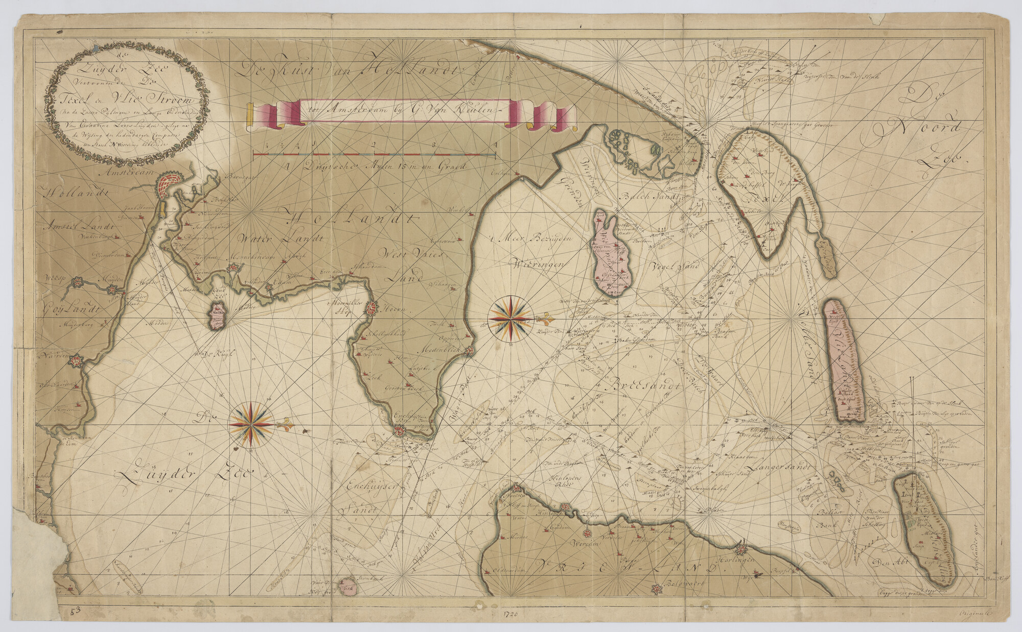 A.3267(03); Gekleurde handschriftkaart van de Zuiderzee met Texel en de Vliestroom; zeekaart