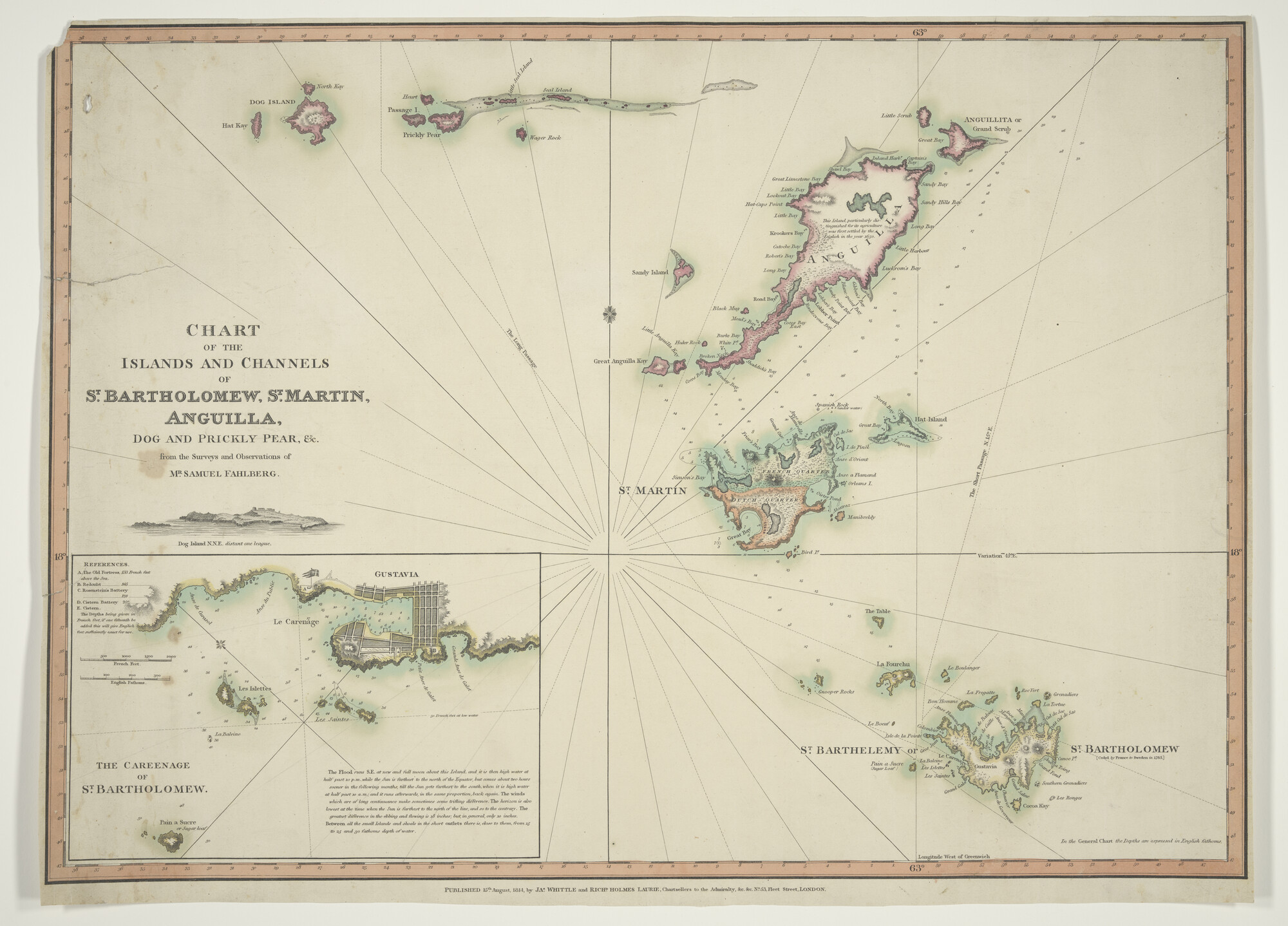 S.0521(133); Met de hand gekleurde kaart van de eilanden St Maarten, Anguilla & St Bartholomew; zeekaart