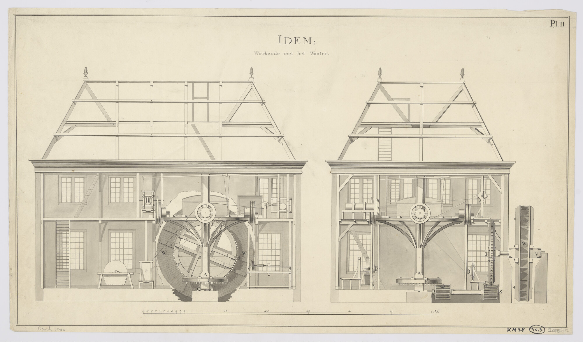 S.0049(15)12; Afbeelding van een blokmolen werkende met water; technische tekening