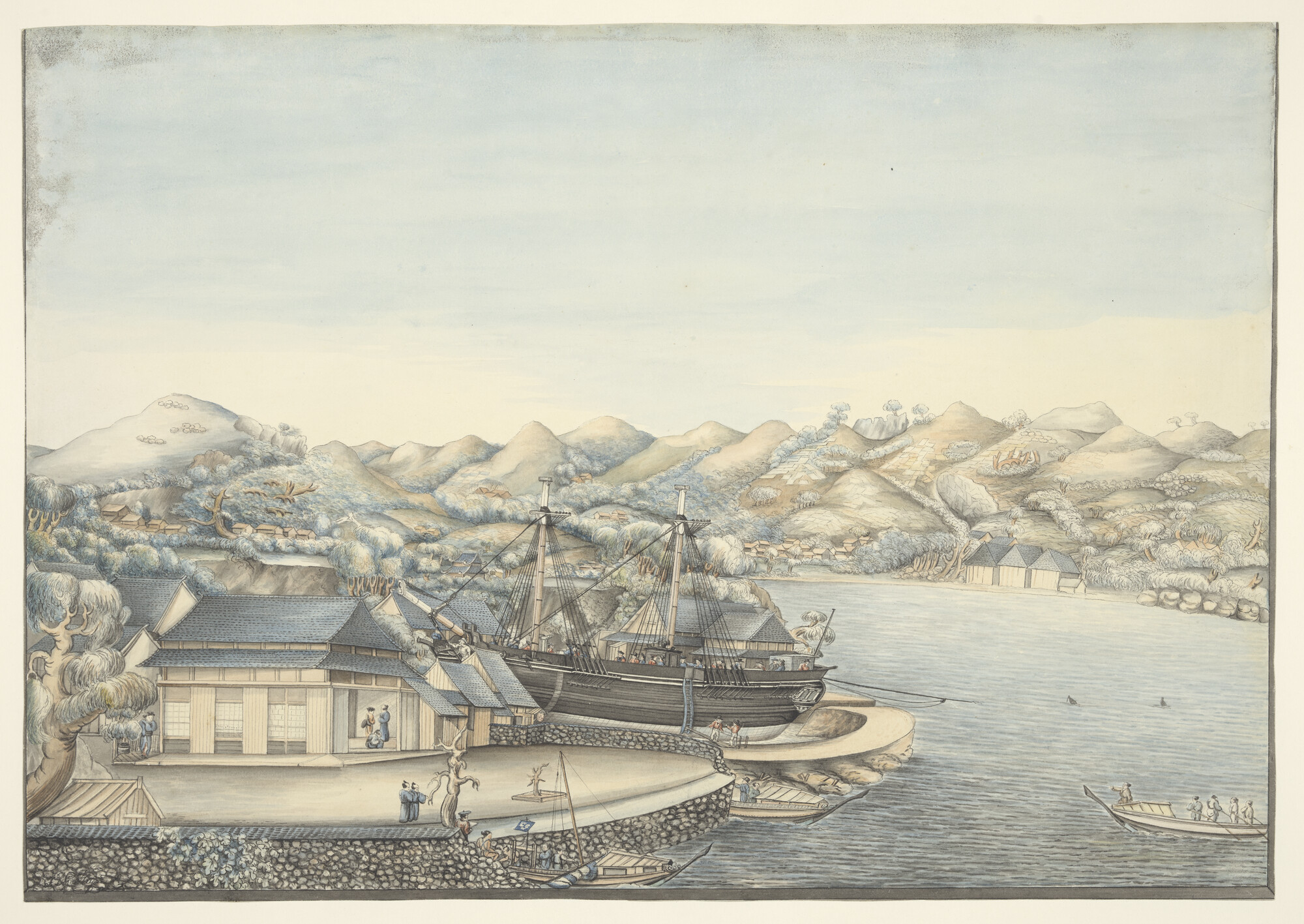 A.1335(02); Het dokken van een koopvaardijfregat bij Deshima; tekening