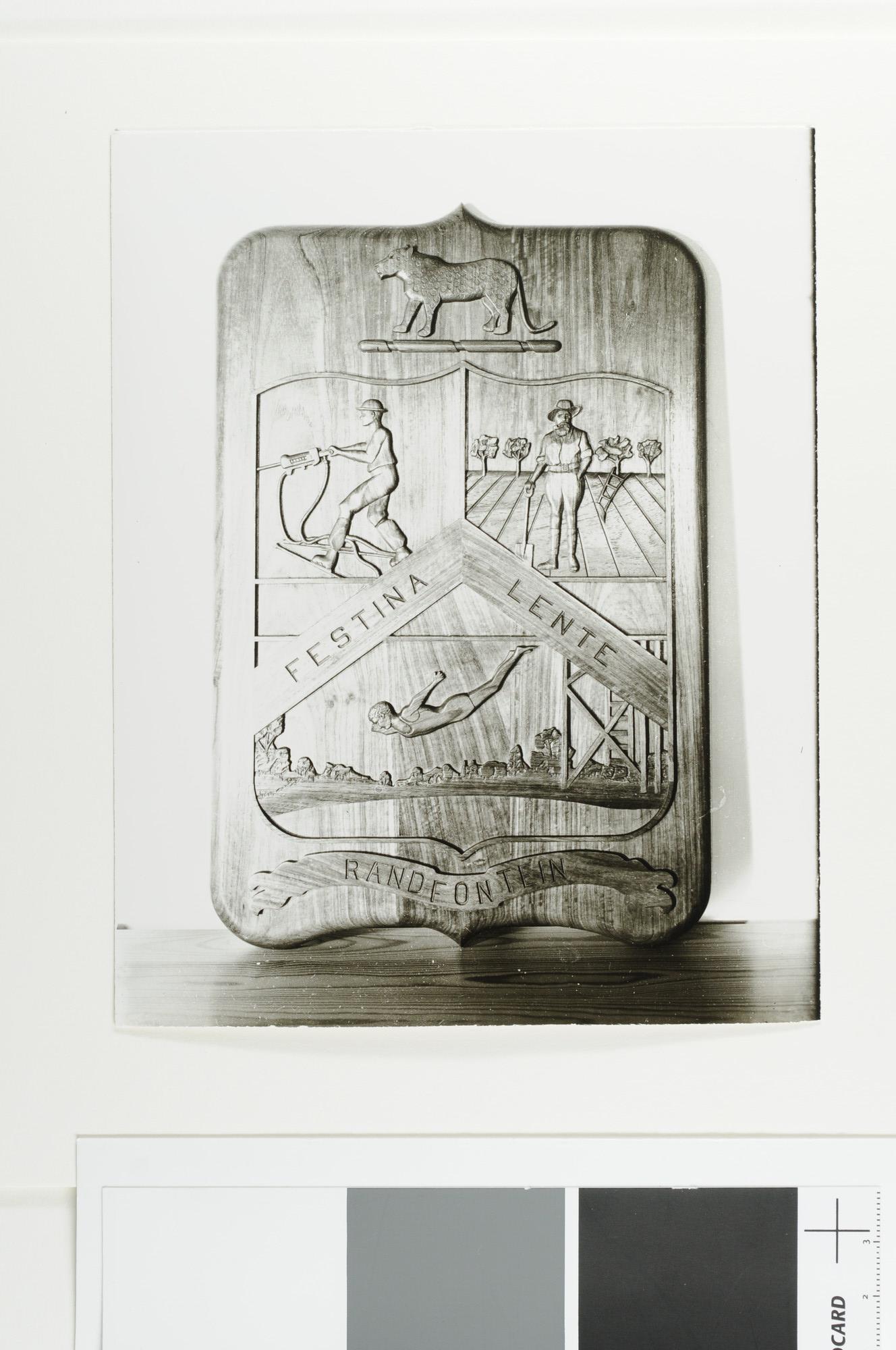 A.5023(24); Reproductie foto van twee houten wandplaquettes voor het passagiers/vrachtchip ms. 'Randfontein'; foto