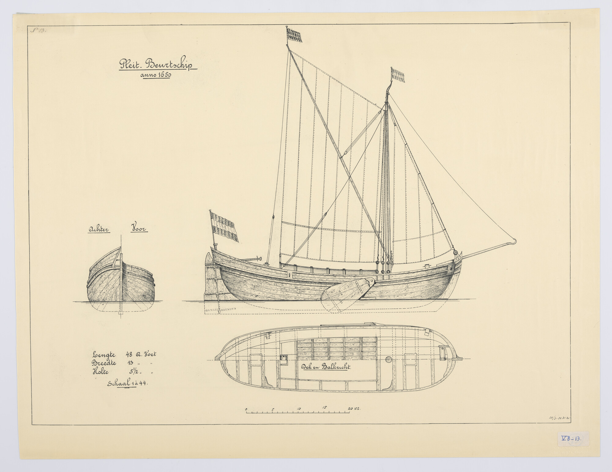 S.1203a(13); Zijaanzicht van een Pleytbeurtschip anno 1650; technische tekening