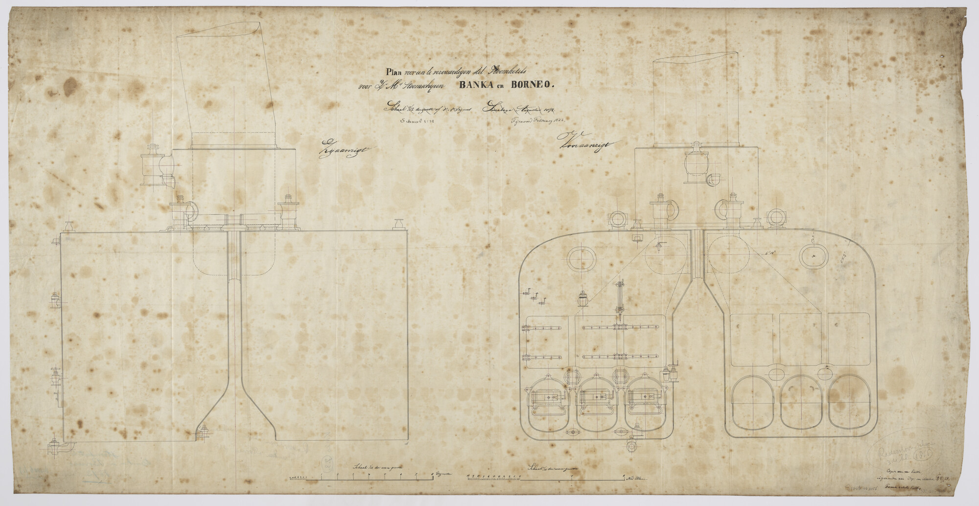 S.1006(02)0056; Zij- en vooraanzicht van de door 'Fijenoord' gebouwde stoomketels - vierkant [.]; technische tekening