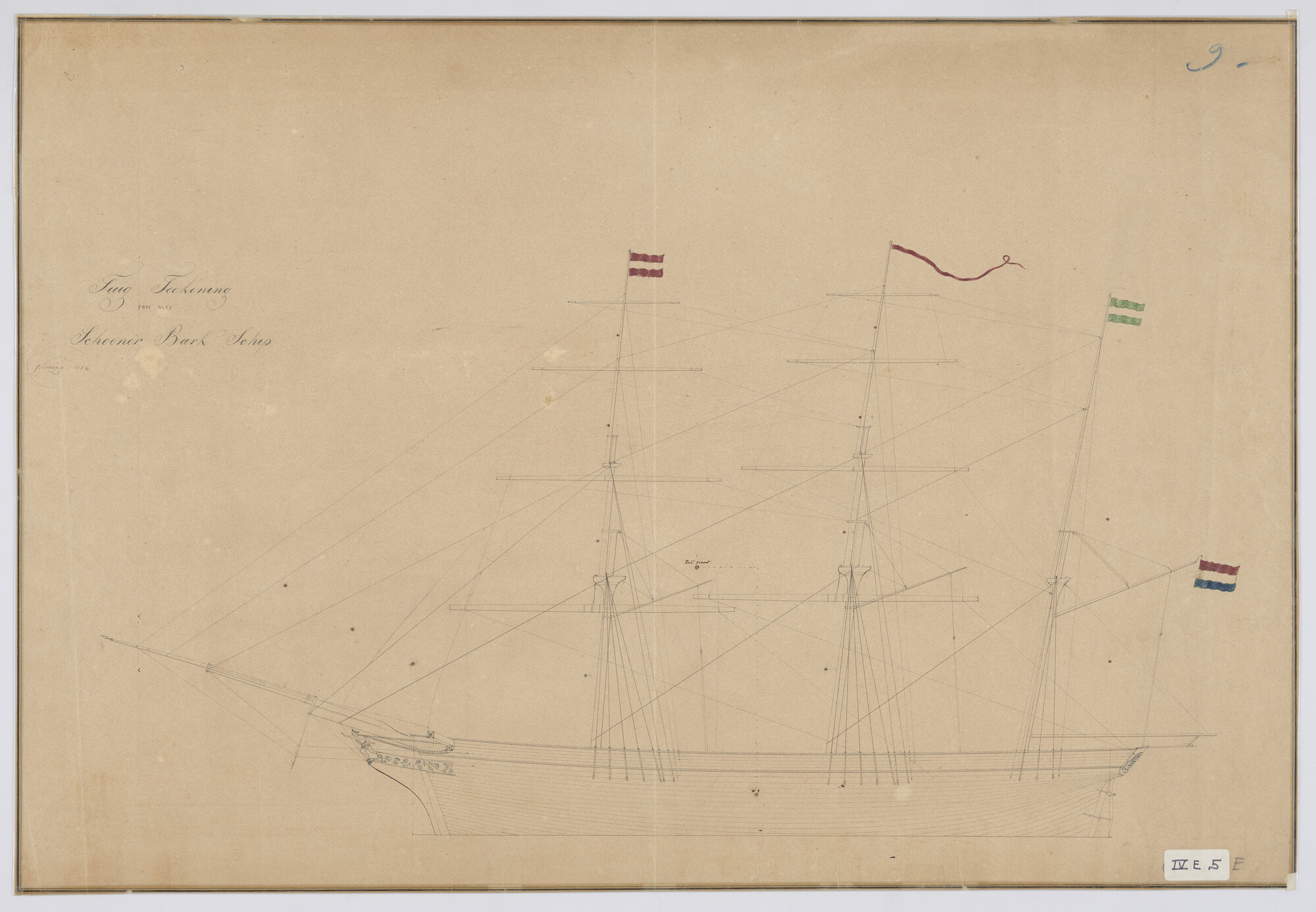 S.0305(29); Zijaanzicht met tuigplan Barkschip; technische tekening