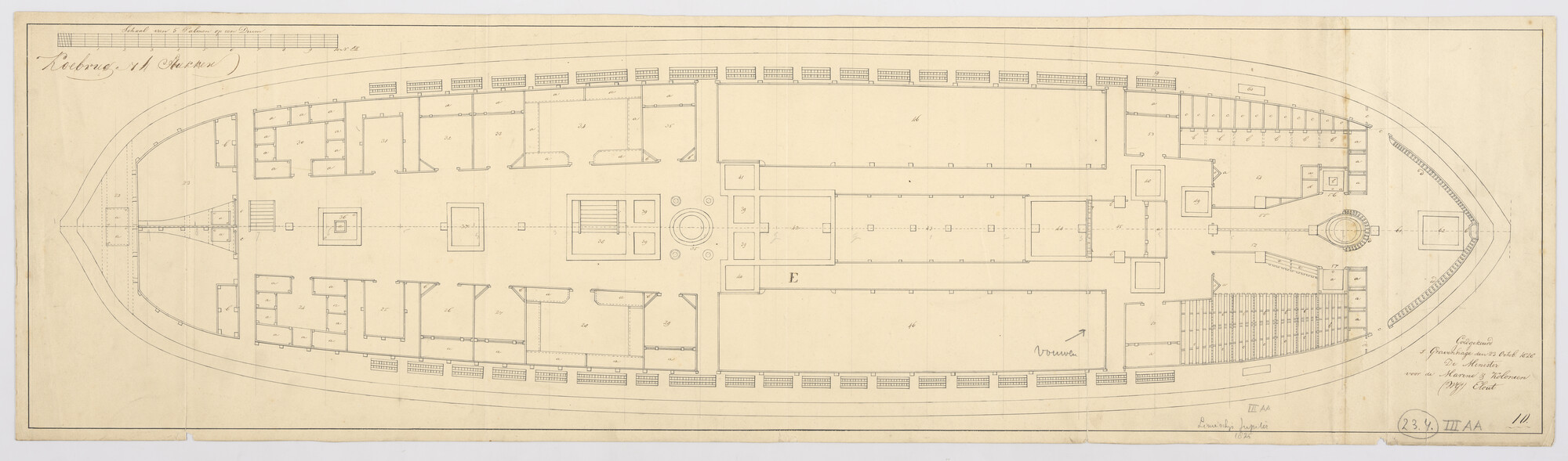 S.1214(0129); Dekplan van het linieschip 'Jupiter'; technische tekening
