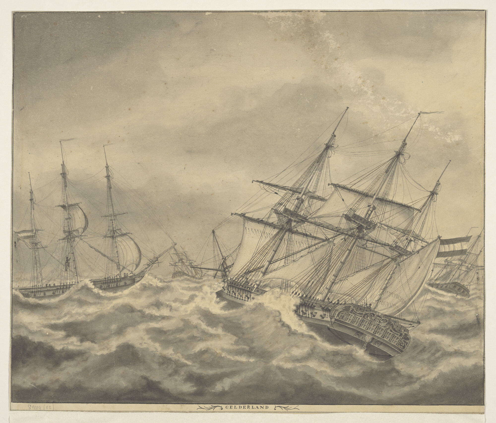 S.1119(12); Een Nederlands eskader in stormachtig weer; tekening
