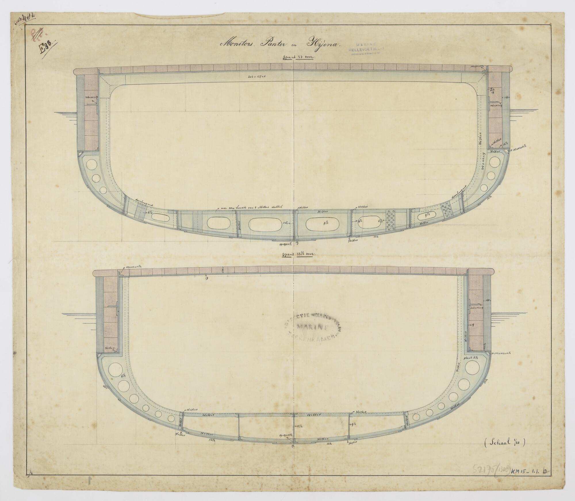 S.2175(1308); Monitors 'Panter' en 'Hyena'; technische tekening