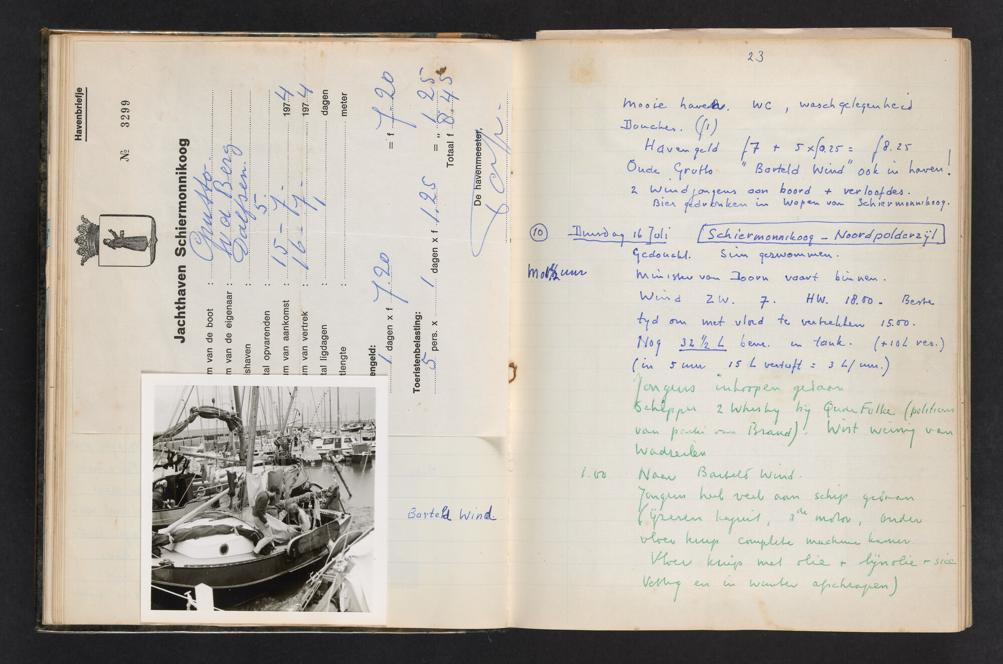 2017.0802; Logboek c.q. fotoalbum van reizen met zeeschouw Grutto (II) in Nederland, Duitsland en Denemarken, 1973-1974; logboek