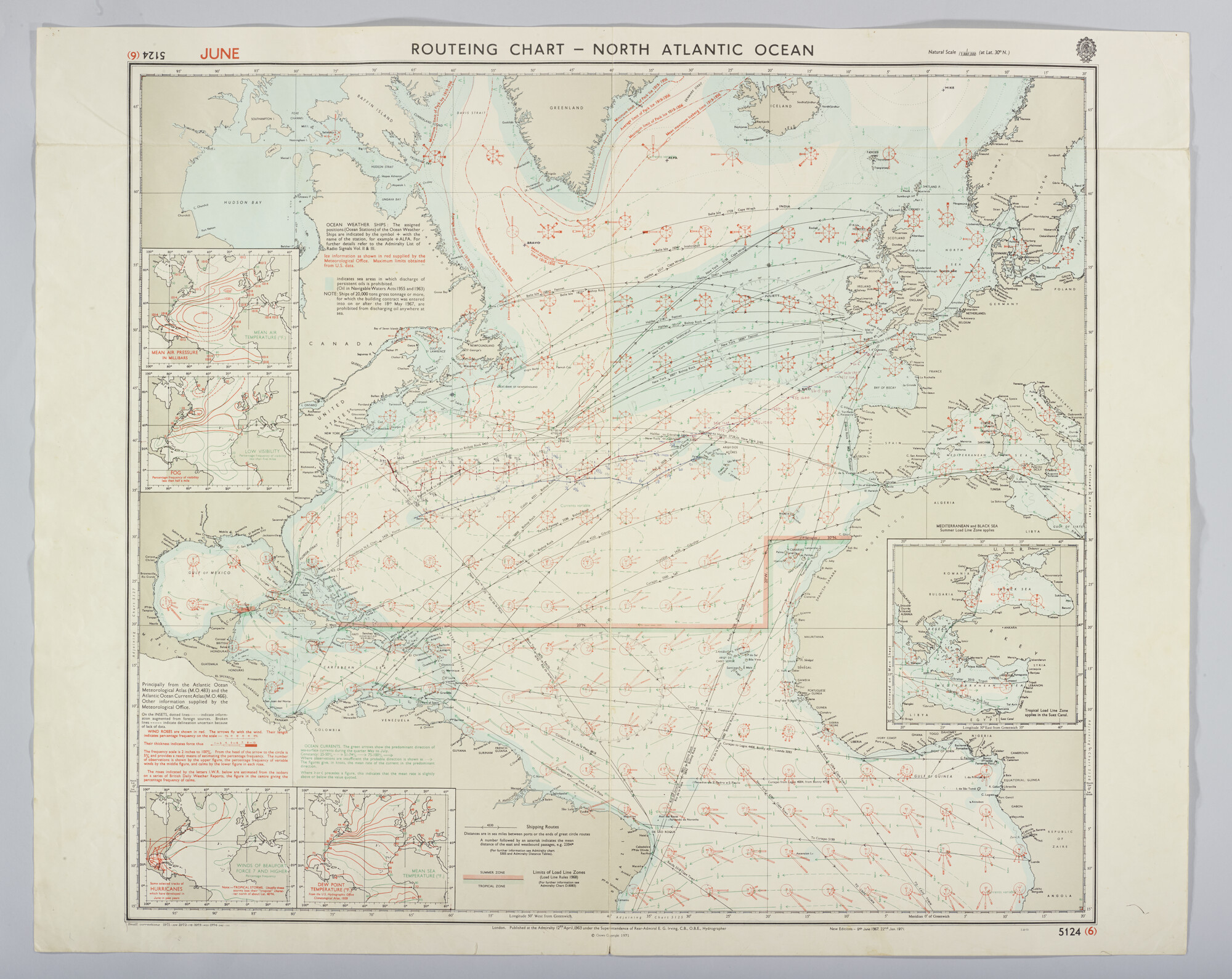 2019.1057-44; Routeing chart, North Atlantic Ocean, June; zeekaart