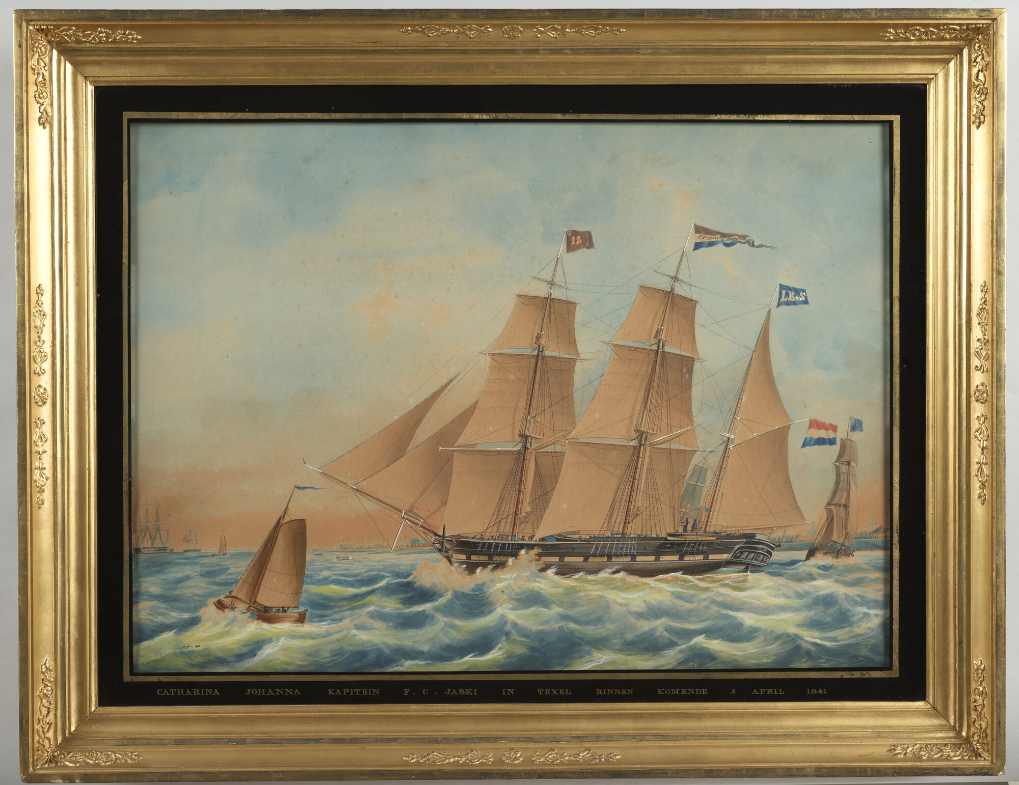 S.6479(02); Het barkschip Catharina Johanna bij Texel; tekening