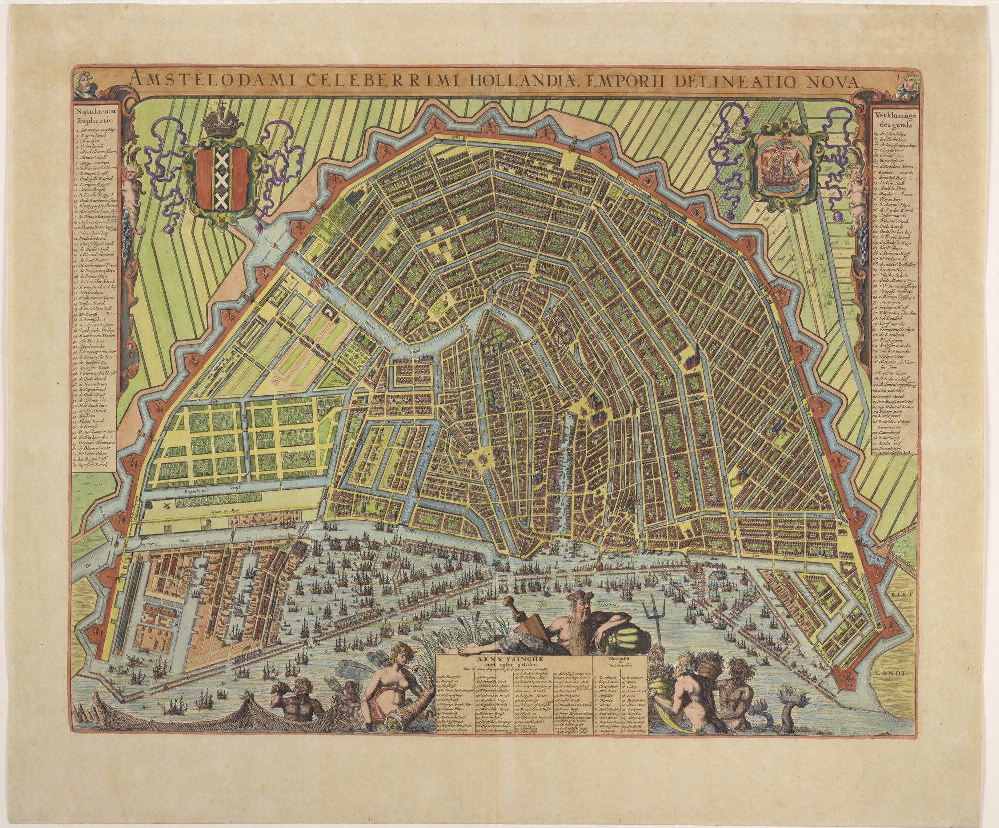 S.4639; Met de hand gekleurde plattegrond van Amsterdam uit 1698 door Frederik de Wit; landkaart