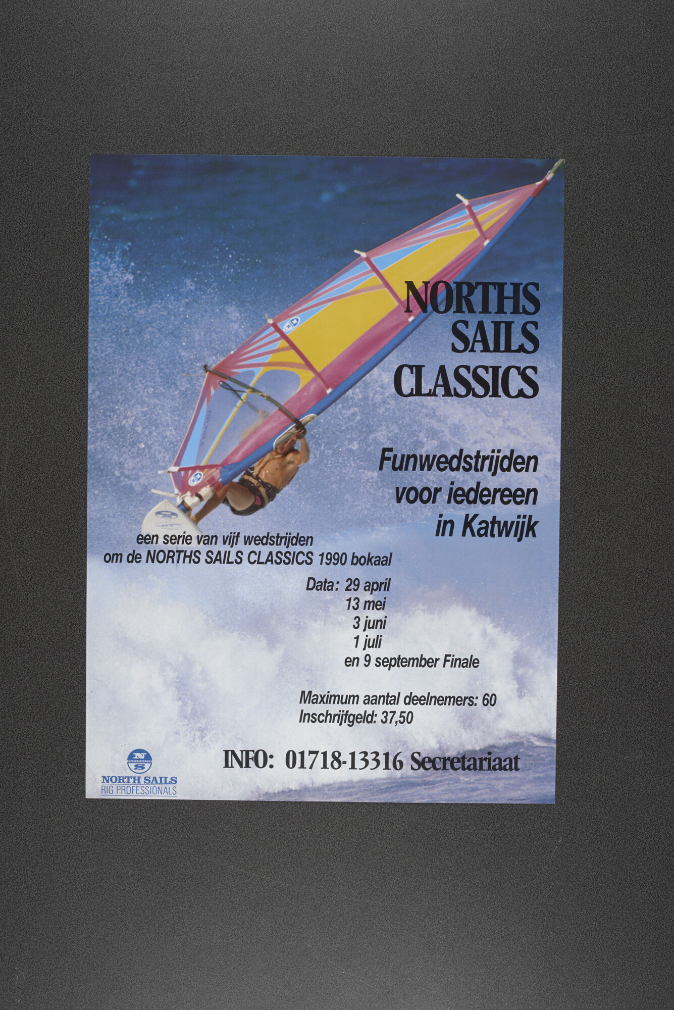 2015.4718; Reclameaffiche voor vijf windsurf "Funwedstrijden" om de "Norths Sails Classics 1990 bokaal"; affiche