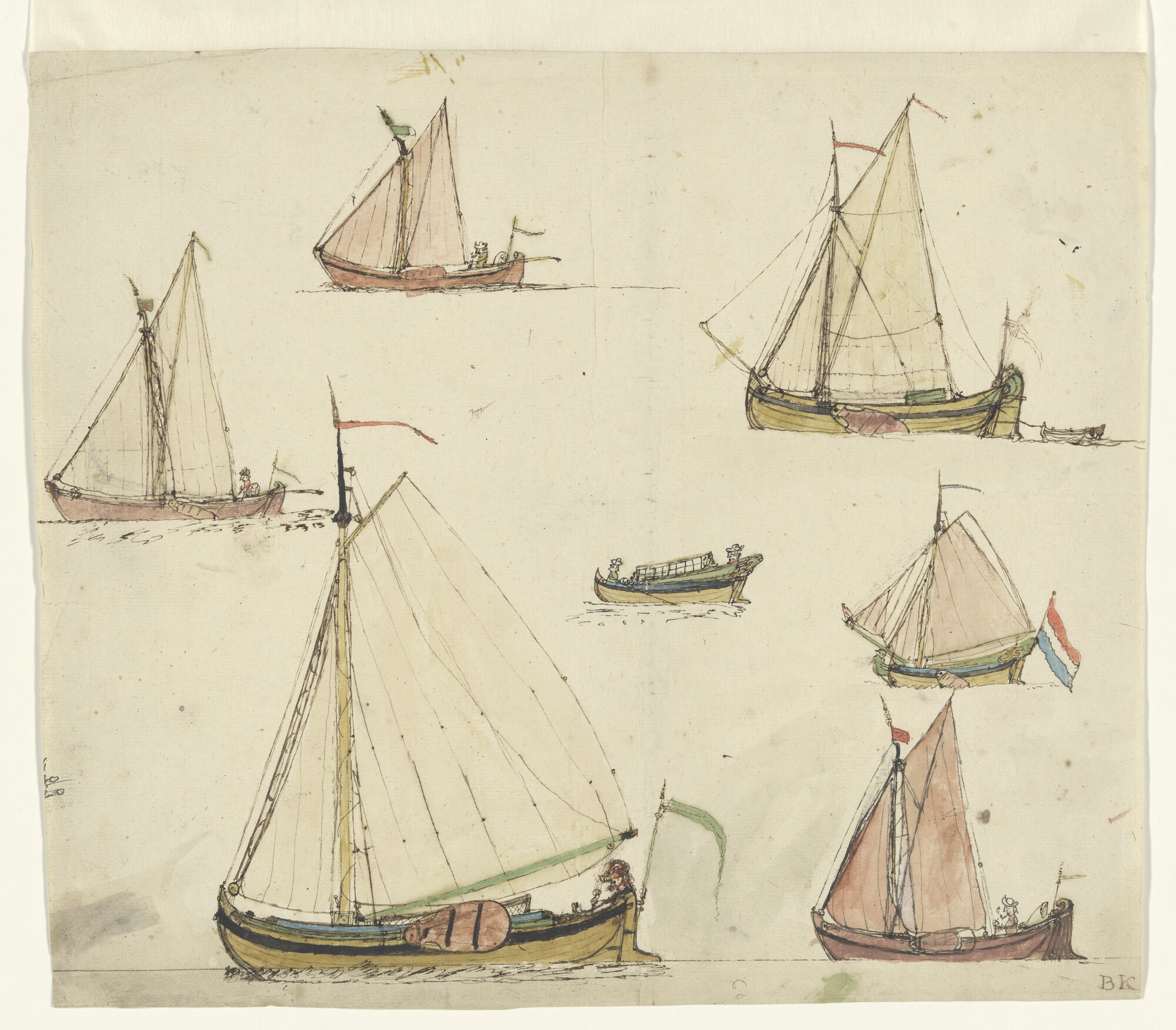 S.4317(39)b1; Diverse schepen, waaronder een tochtschuitje, hektjalk en roeijachtje; tekening