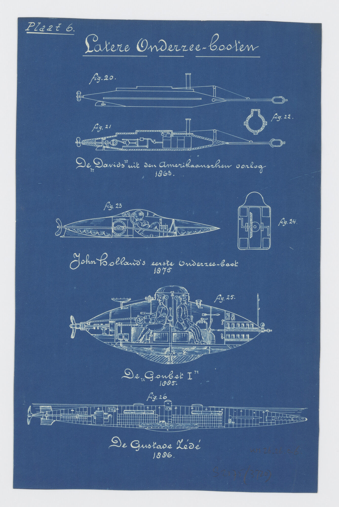 S.2175(3720); Buitenlandse onderzeeboot ontwerpen [1863 tot 1886]; technische tekening